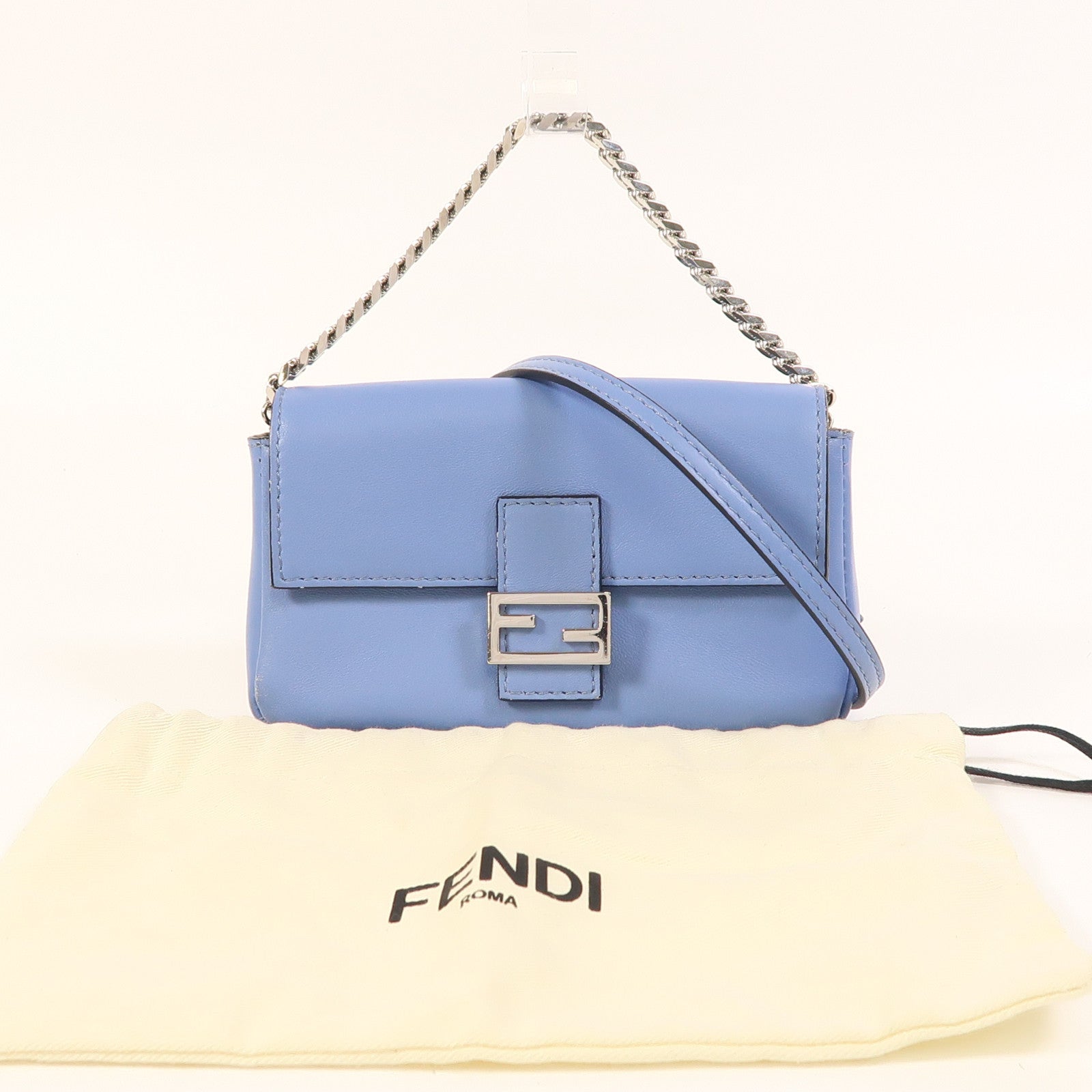 FENDI 牛皮皮革Micro Baguette銀扣手挽肩背兩用袋