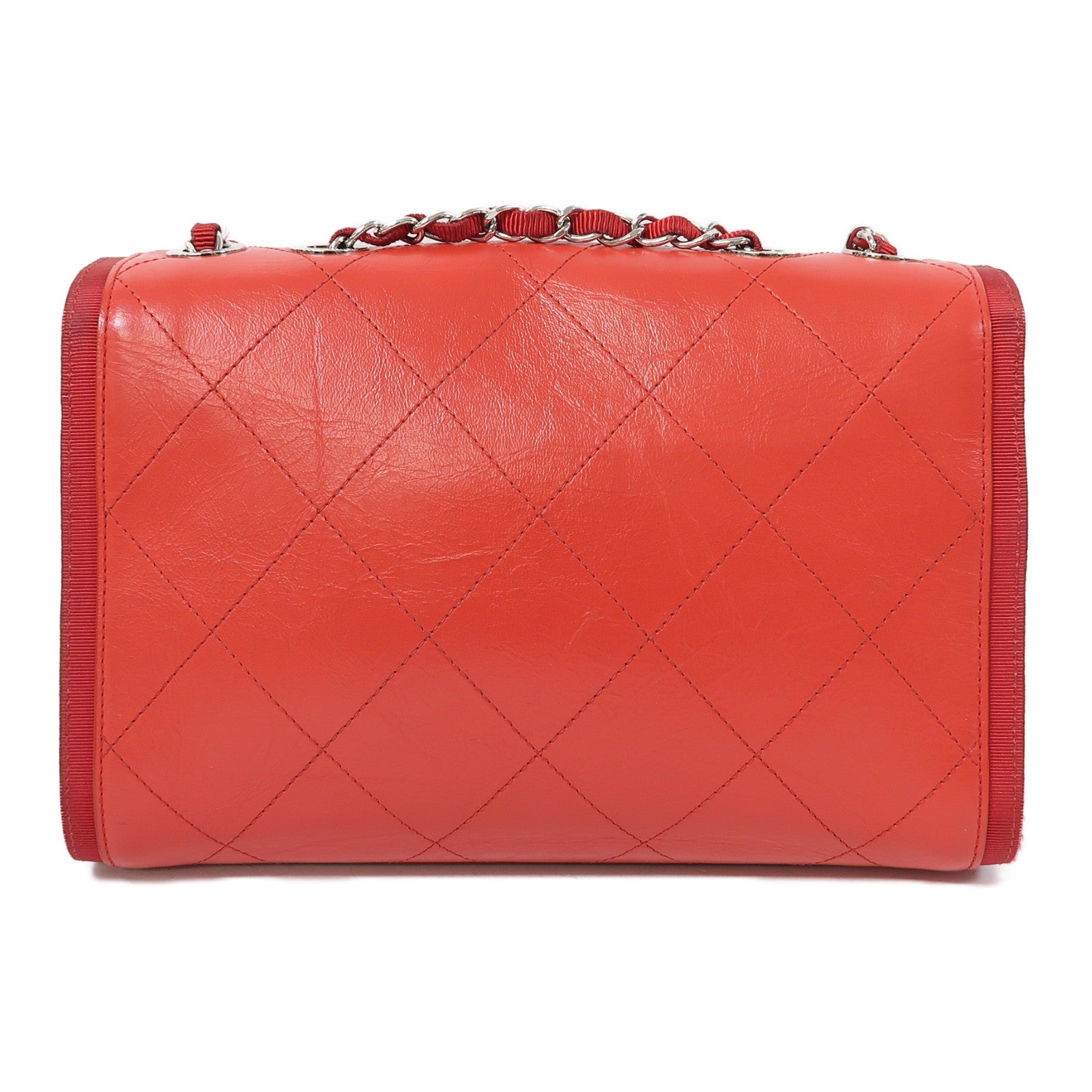 CHANEL 【激減優惠】菱格羊皮皮革Shoulder Bag銀扣鏈帶肩背袋紅色