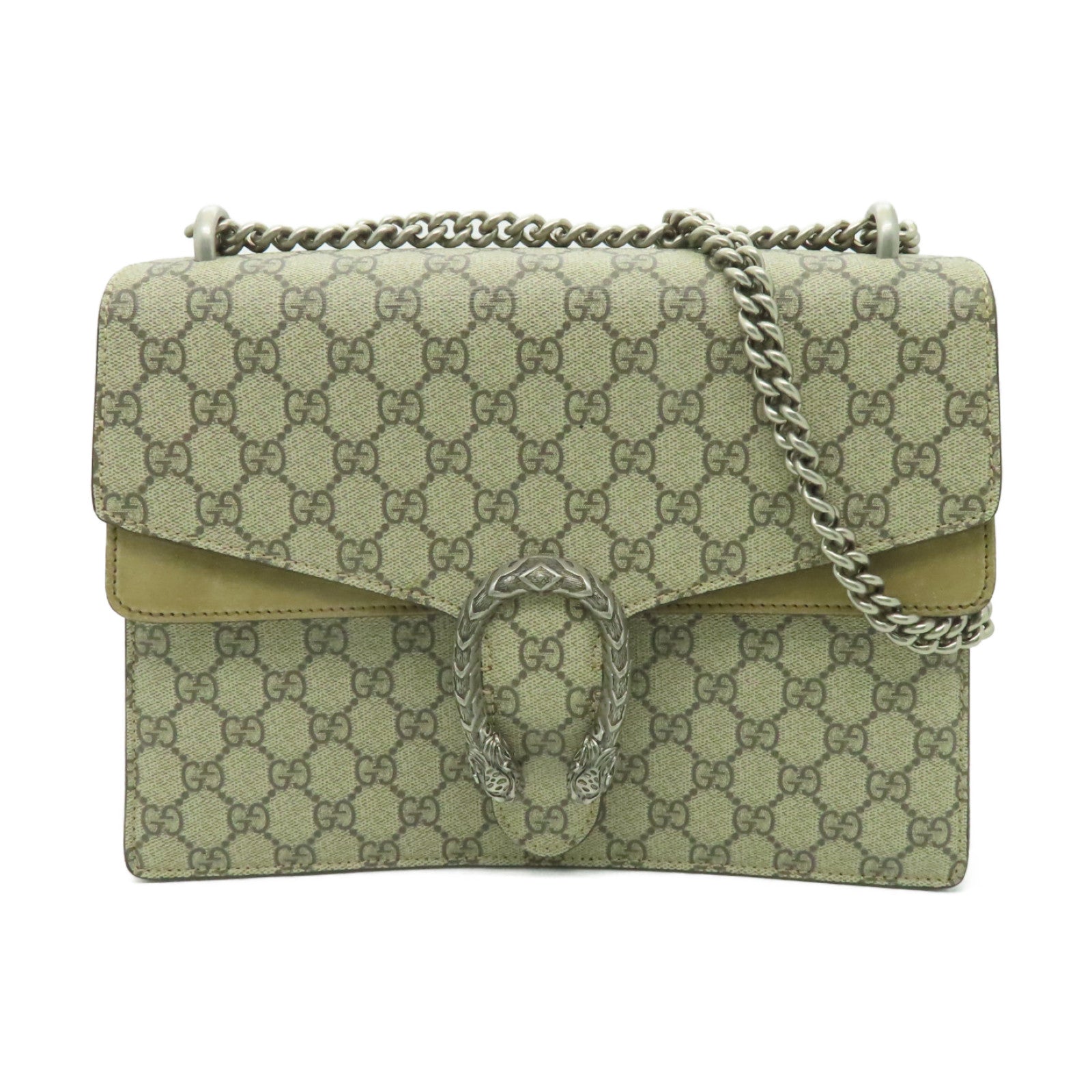GUCCI 【清倉大減價】塗層皮革Dionysus GG銀扣鏈帶肩背袋棕色