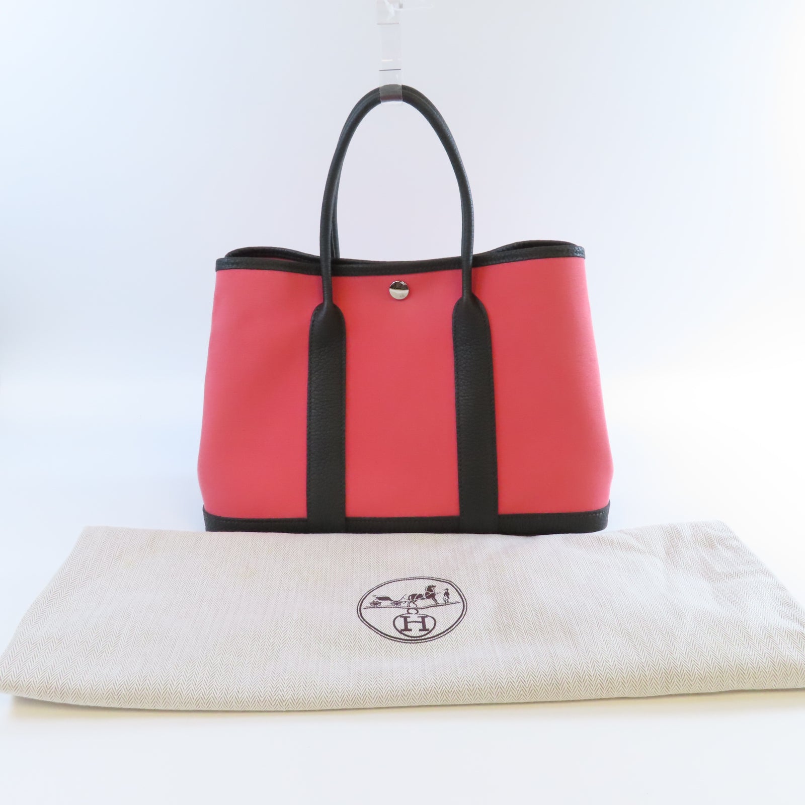 HERMES 【激減優惠】帆布Garden Party TPM銀扣手挽袋Rose Azalee杜鵑粉色