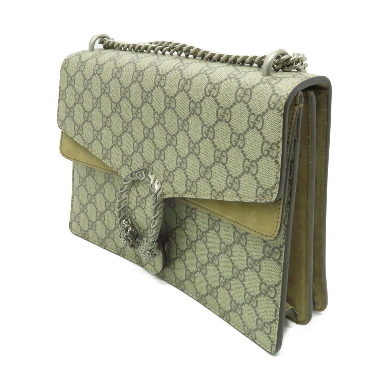 GUCCI 【清倉大減價】塗層皮革Dionysus GG銀扣鏈帶肩背袋棕色