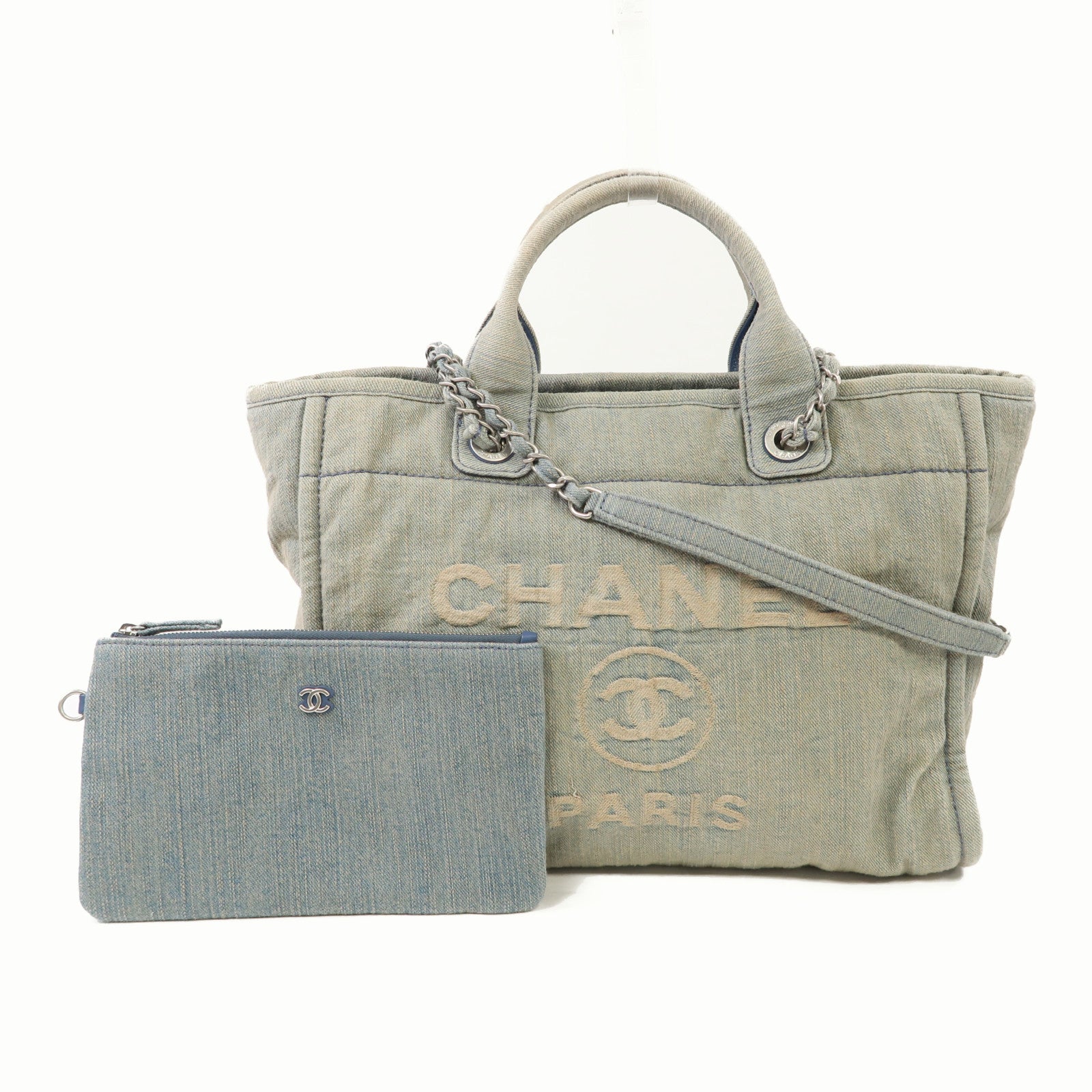 CHANEL 【激減優惠】牛仔布2 Way Shoulder Bag銀扣手挽肩背兩用袋藍色