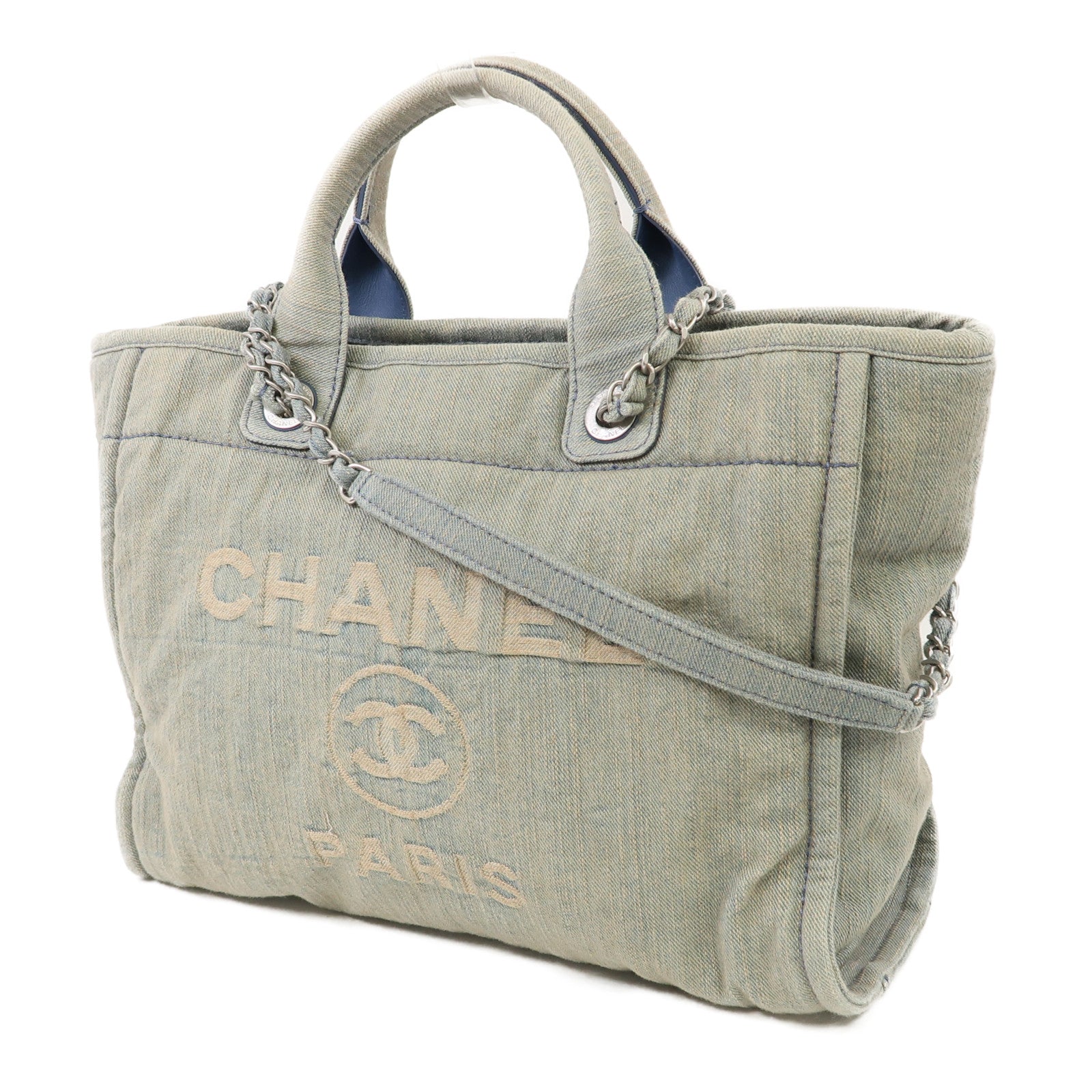 CHANEL 【激減優惠】牛仔布2 Way Shoulder Bag銀扣手挽肩背兩用袋藍色