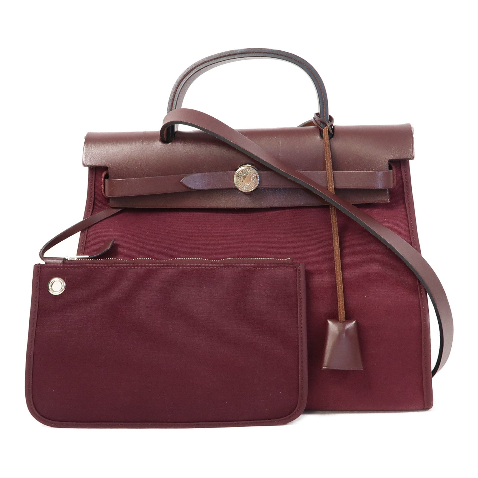 HERMES 帆布Herbag PM銀扣手挽肩背兩用袋波爾多酒紅色