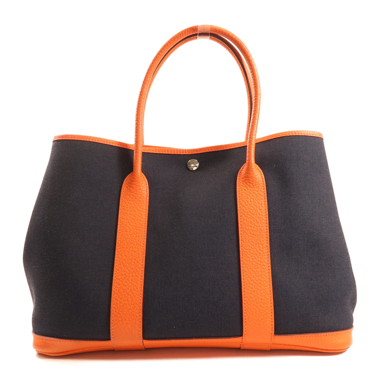HERMES 帆布Garden Party PM銀扣手挽袋Bleu Marine/Orange Poppy深藍色/橙色