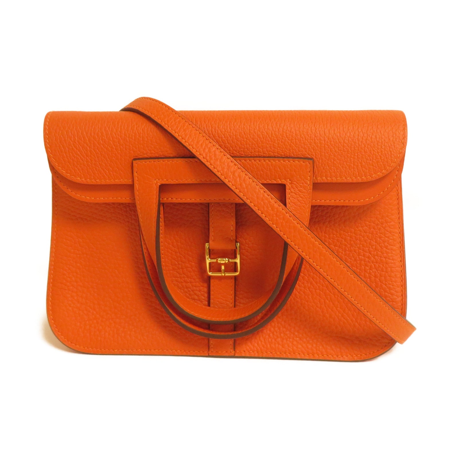 HERMES 【激減優惠】Clemence皮革Halzan 25金扣手挽肩背兩用袋橙色