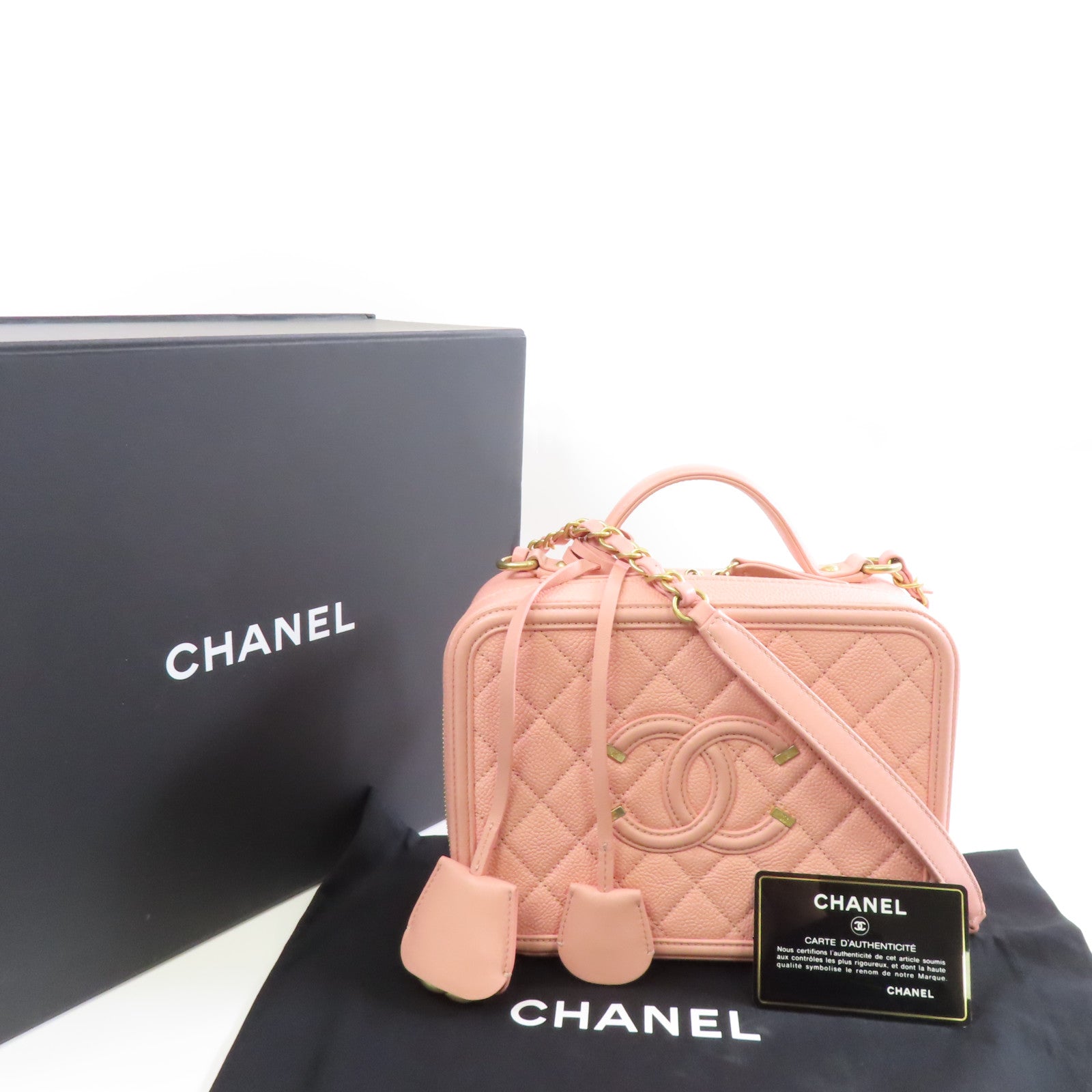 CHANEL 菱格Caviar皮革Vanity Case金扣手挽肩背兩用袋粉紅色