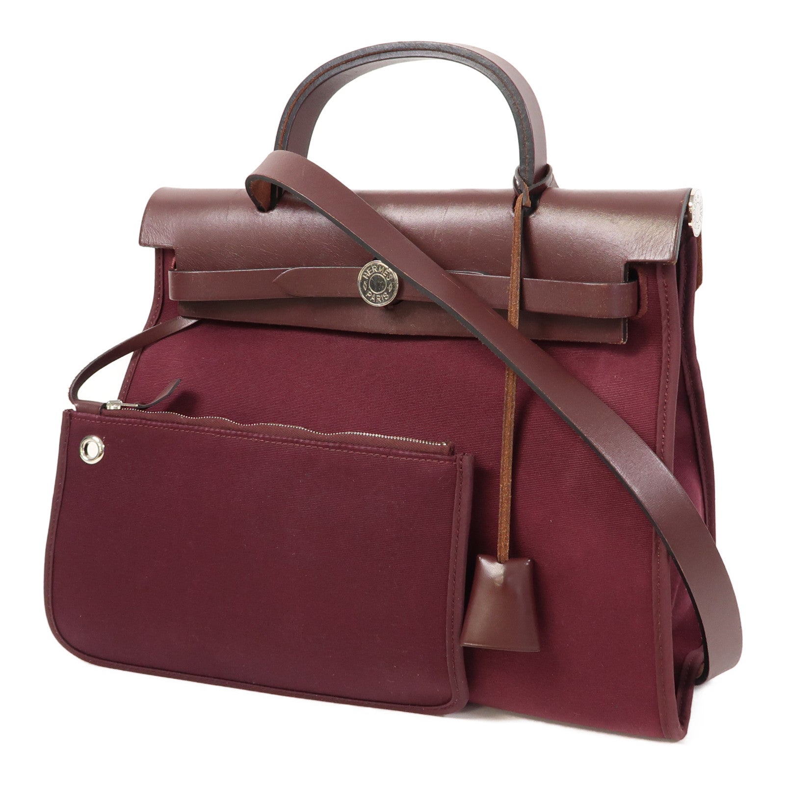HERMES 帆布Herbag PM銀扣手挽肩背兩用袋波爾多酒紅色