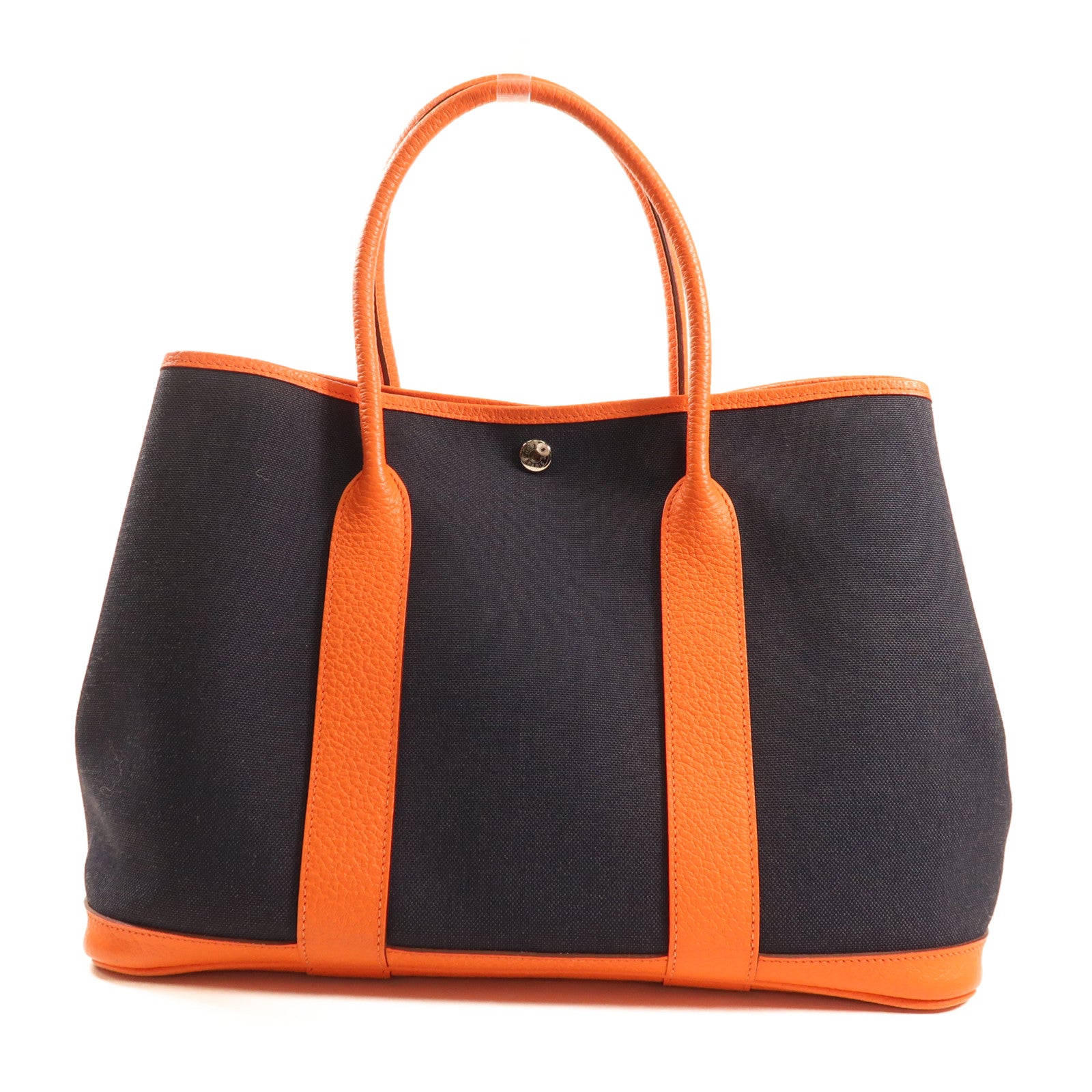 HERMES 帆布Garden Party PM銀扣手挽袋Bleu Marine/Orange Poppy深藍色/橙色
