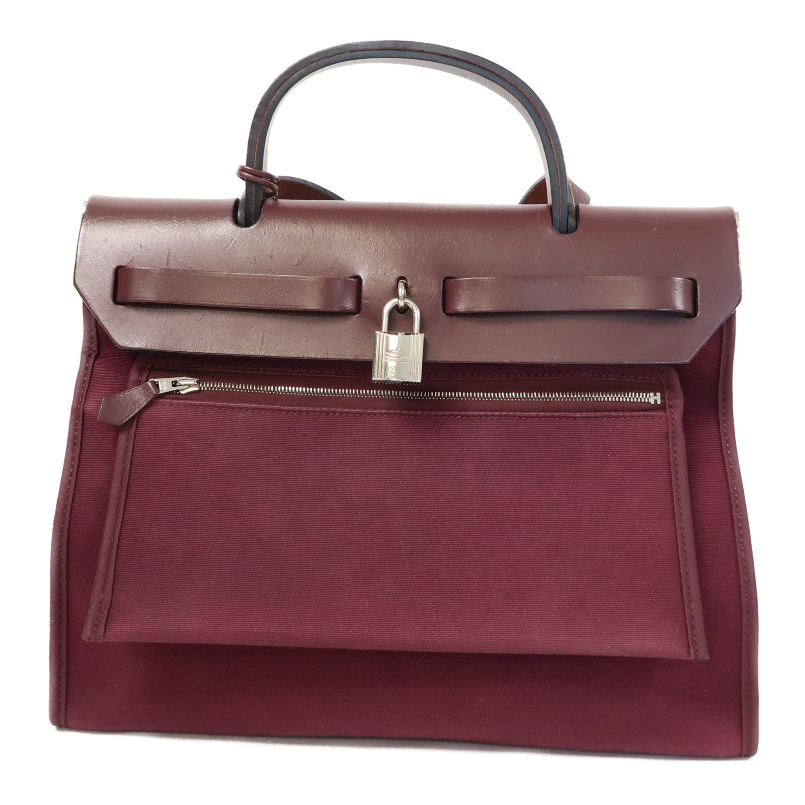 HERMES 帆布Herbag PM銀扣手挽肩背兩用袋波爾多酒紅色