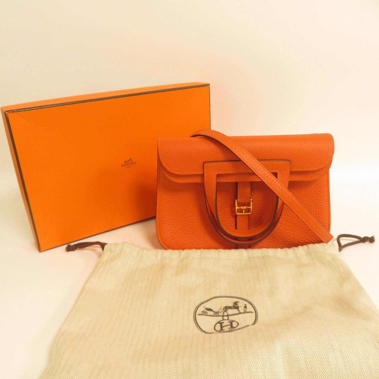 HERMES 【激減優惠】Clemence皮革Halzan 25金扣手挽肩背兩用袋橙色