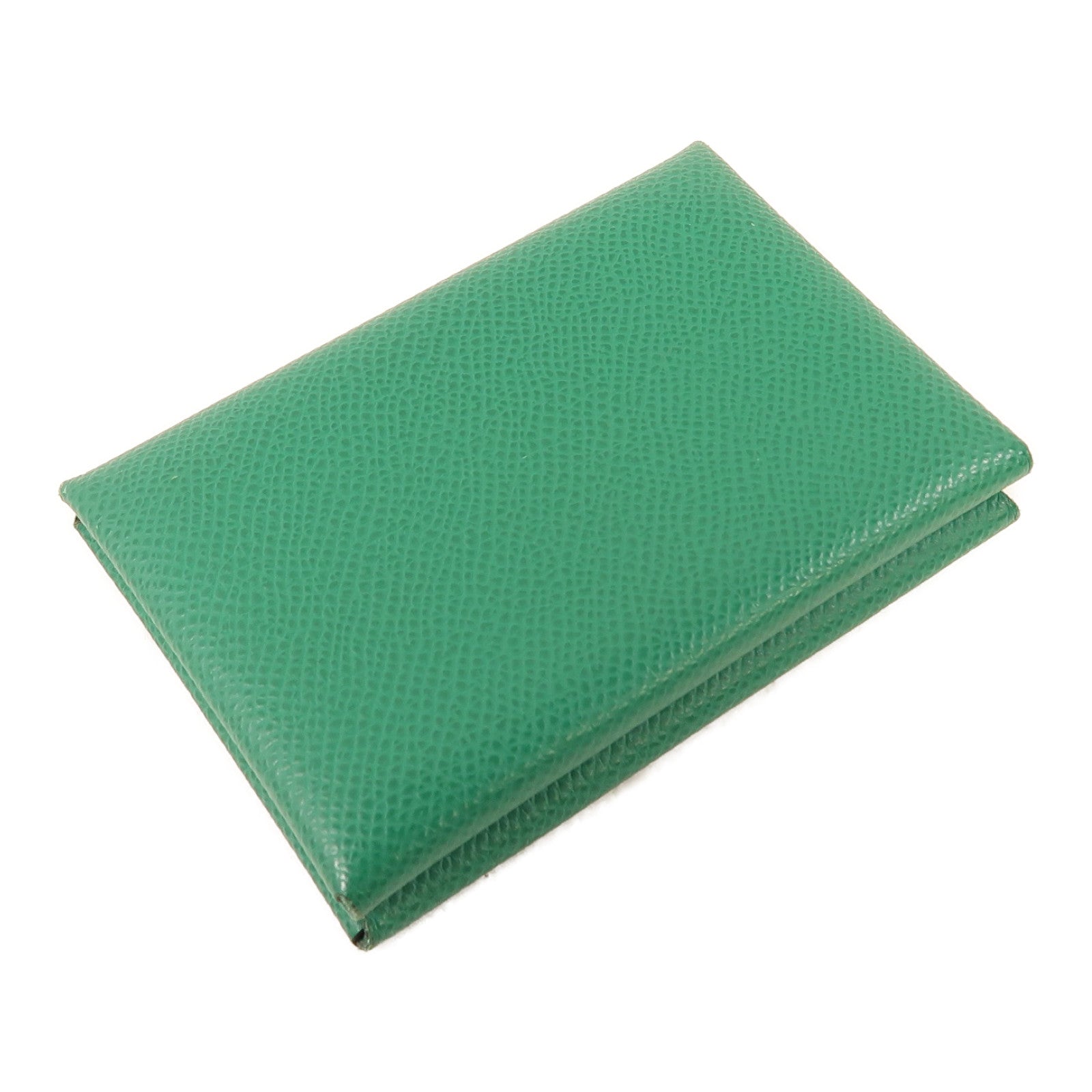 HERMES Epsom皮革Calvi Duo銀扣卡片套絲絨綠色
