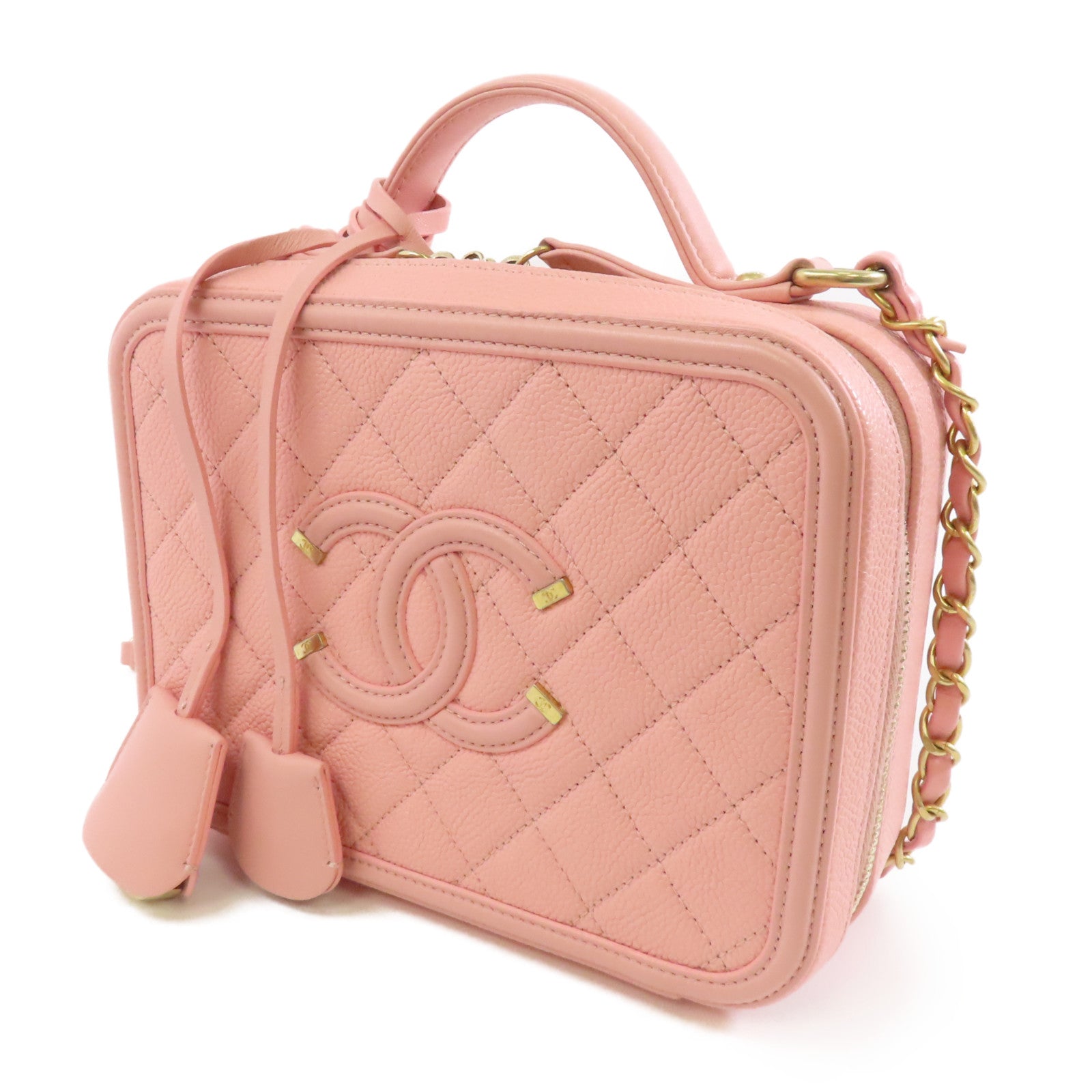 CHANEL 菱格Caviar皮革Vanity Case金扣手挽肩背兩用袋粉紅色