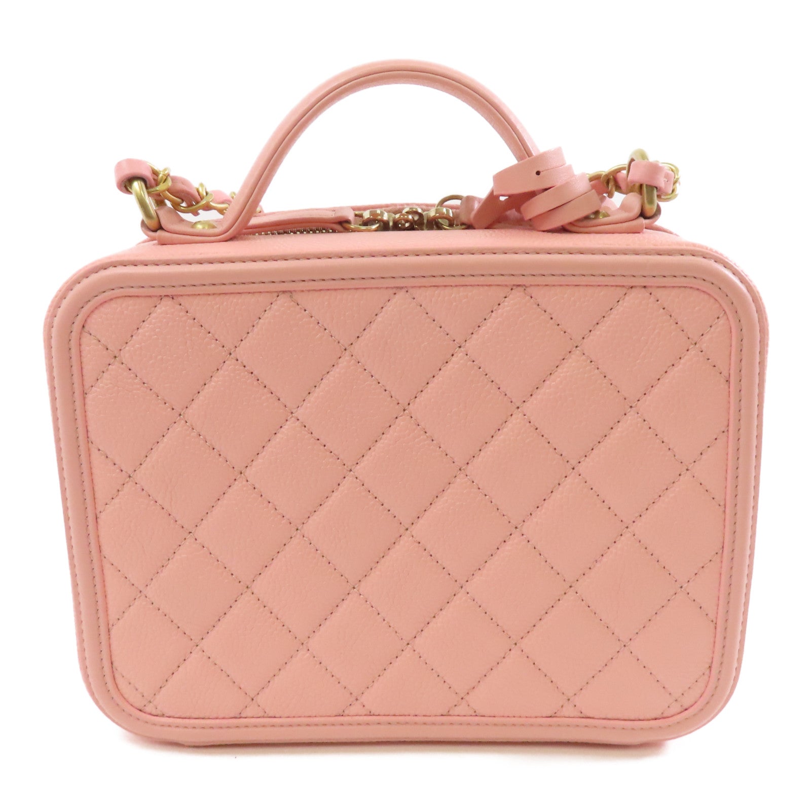 CHANEL 菱格Caviar皮革Vanity Case金扣手挽肩背兩用袋粉紅色
