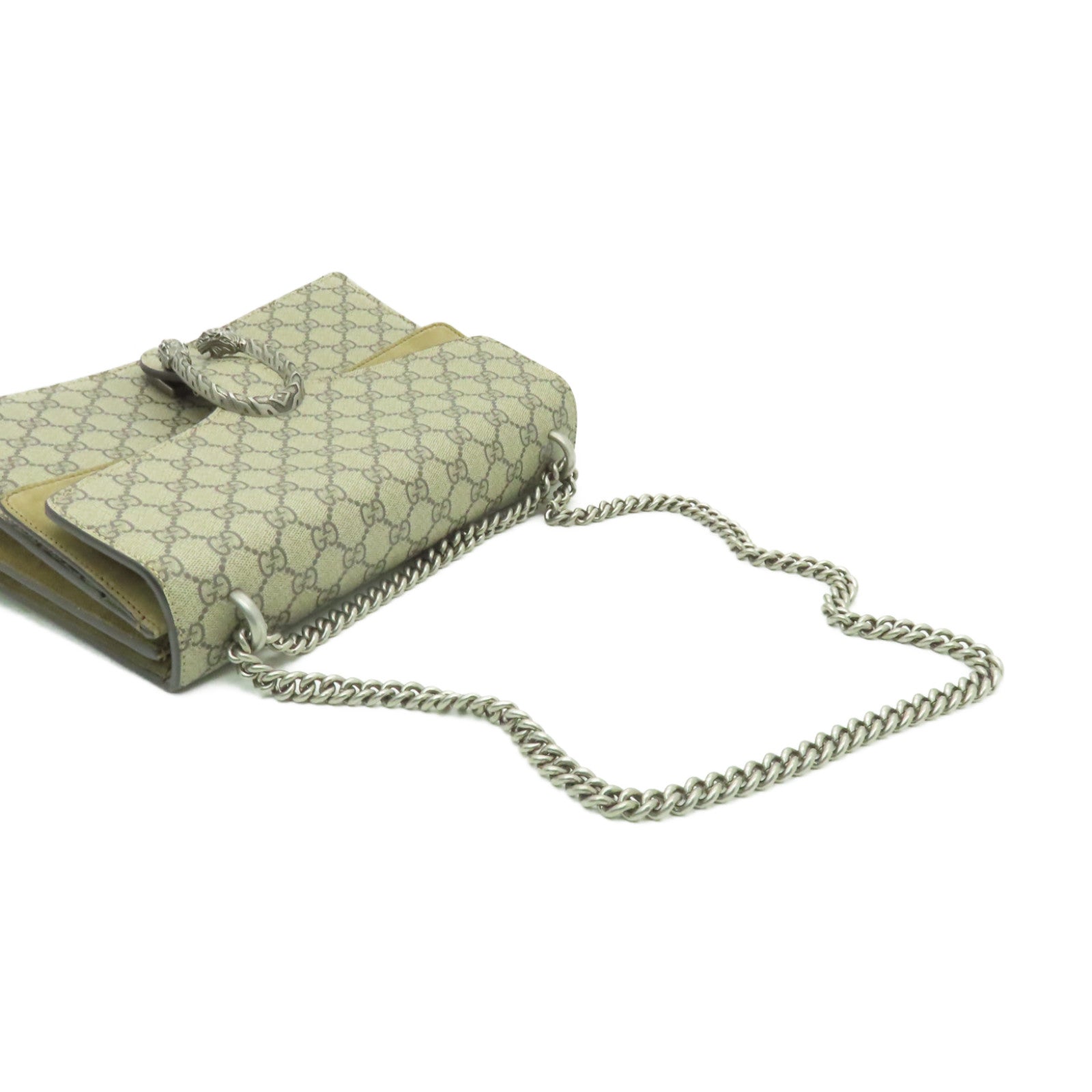 GUCCI 【清倉大減價】塗層皮革Dionysus GG銀扣鏈帶肩背袋棕色