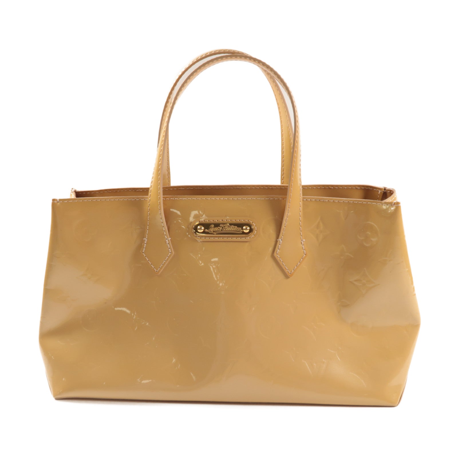 LOUIS VUITTON Monogram Vernis Wilshire PM金扣手挽袋米色