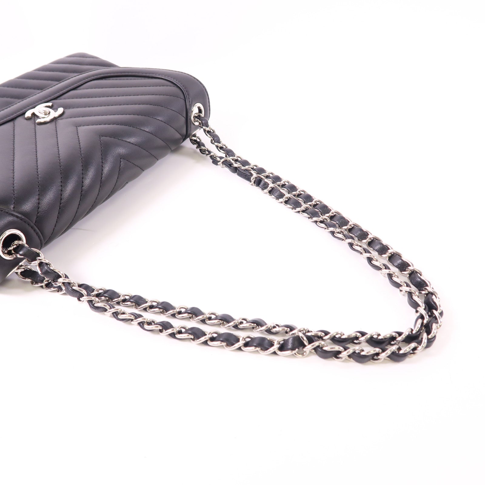 CHANEL 牛皮皮革Chain Shoulder銀扣鏈帶肩背袋