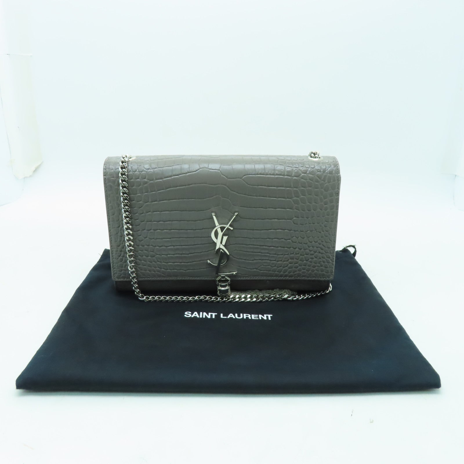 SAINT LAURENT 【激減優惠】牛皮皮革Medium Kate銀扣鏈帶肩背袋灰色