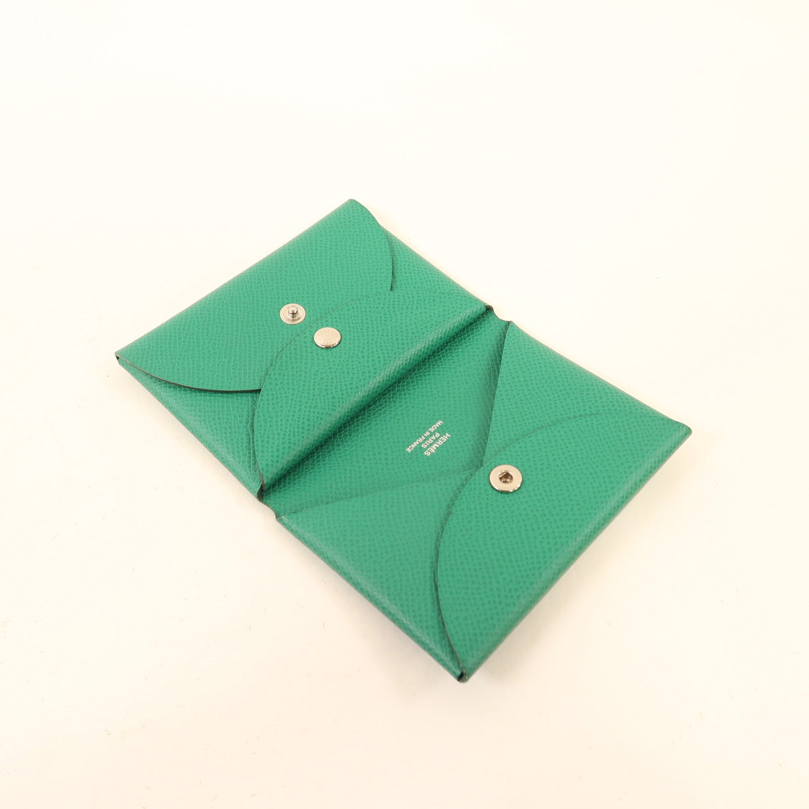 HERMES Epsom皮革Calvi Duo銀扣卡片套絲絨綠色