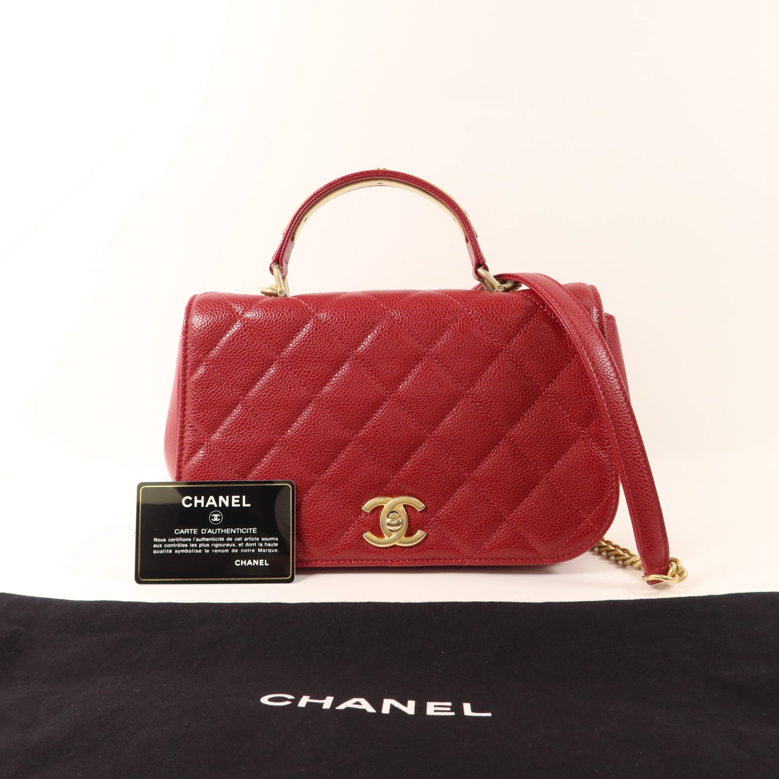 CHANEL 牛皮皮革Top Handle金扣鏈帶手挽肩背兩用袋