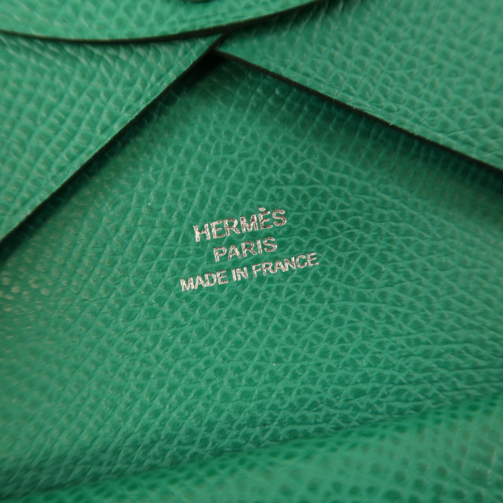 HERMES Epsom皮革Calvi Duo銀扣卡片套絲絨綠色