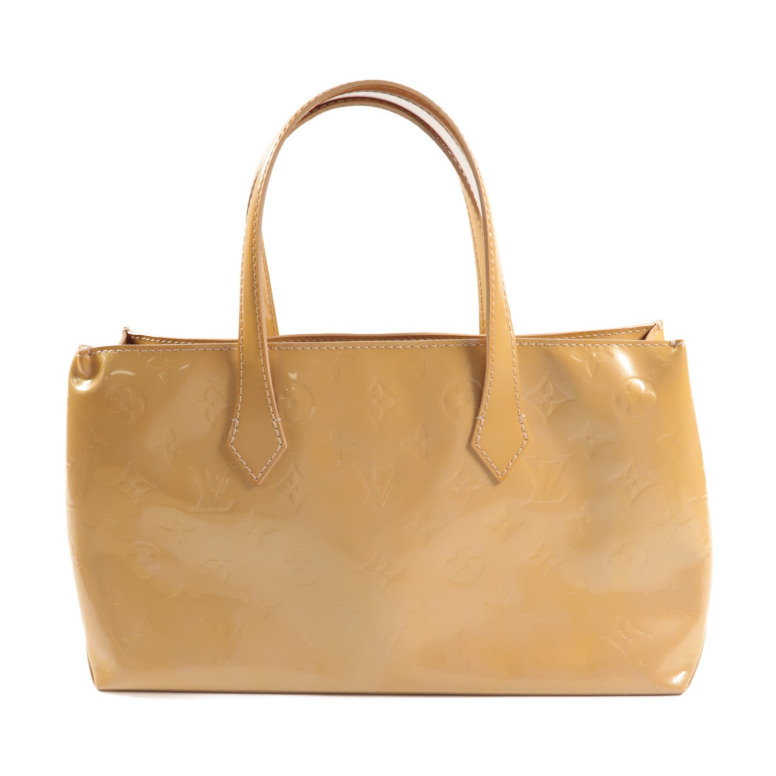 LOUIS VUITTON Monogram Vernis Wilshire PM金扣手挽袋米色