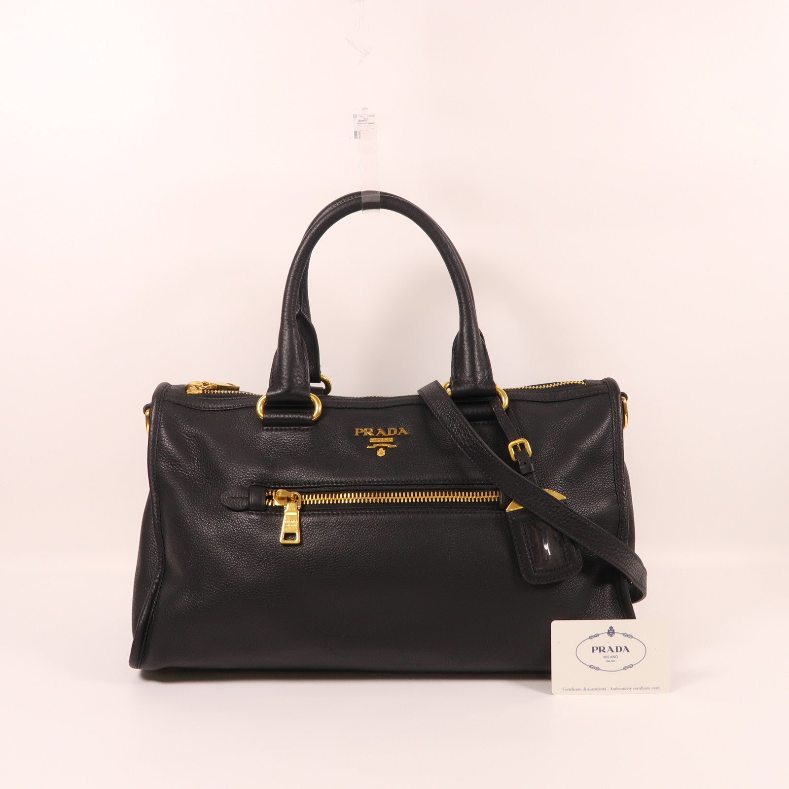 PRADA 牛皮皮革Shoulder Bag金扣手挽肩背兩用袋黑色