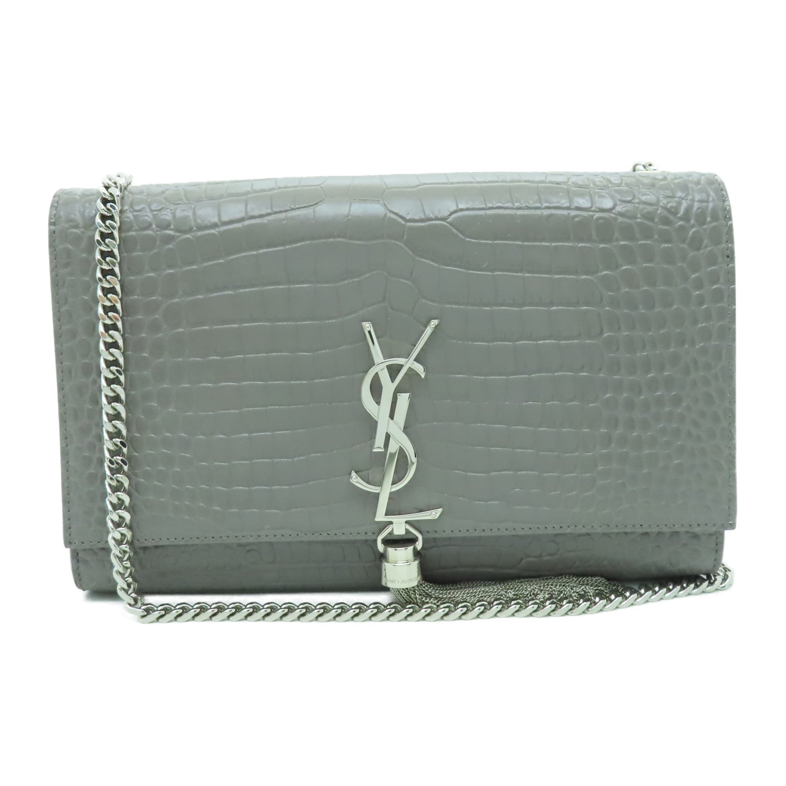 SAINT LAURENT 【激減優惠】牛皮皮革Medium Kate銀扣鏈帶肩背袋灰色
