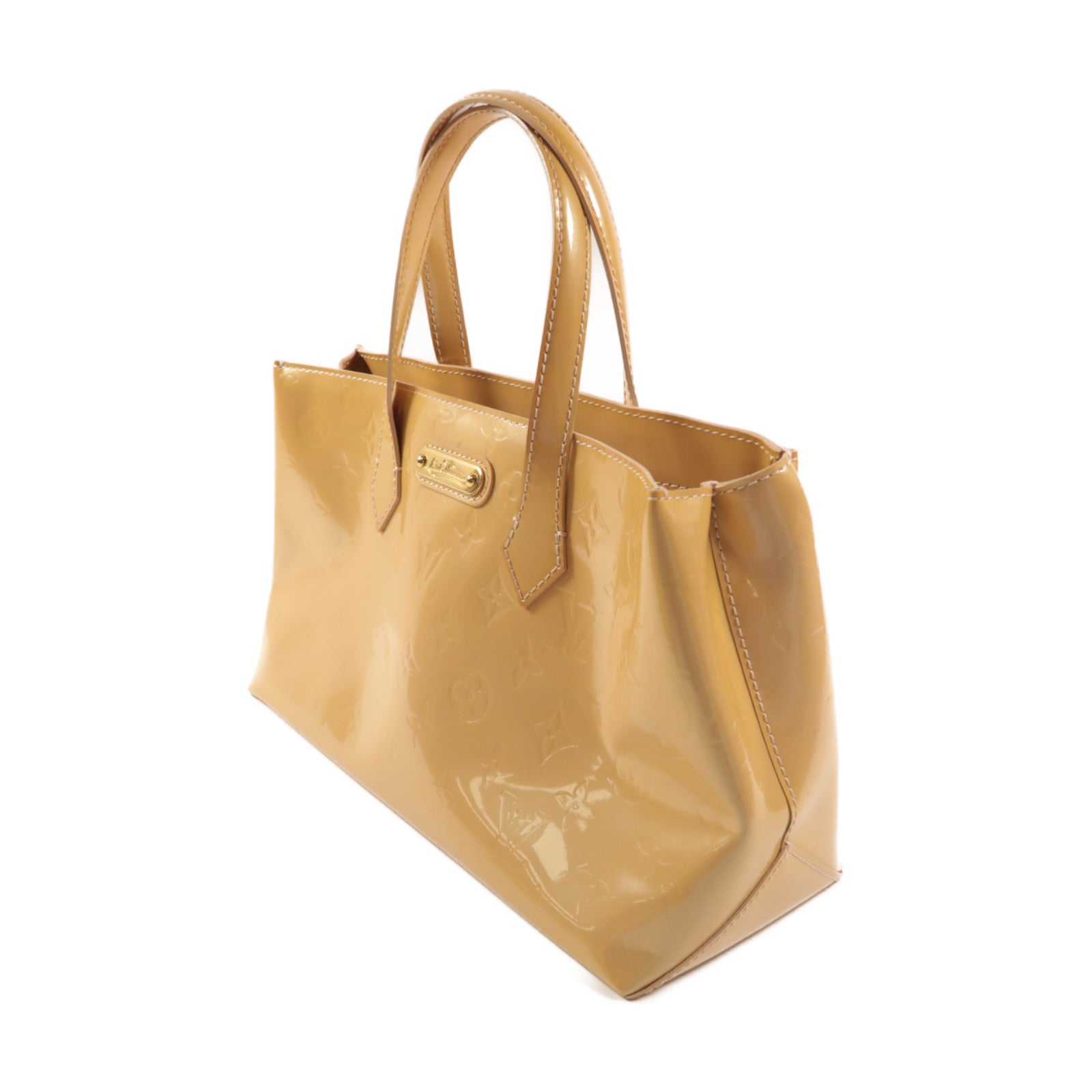 LOUIS VUITTON Monogram Vernis Wilshire PM金扣手挽袋米色