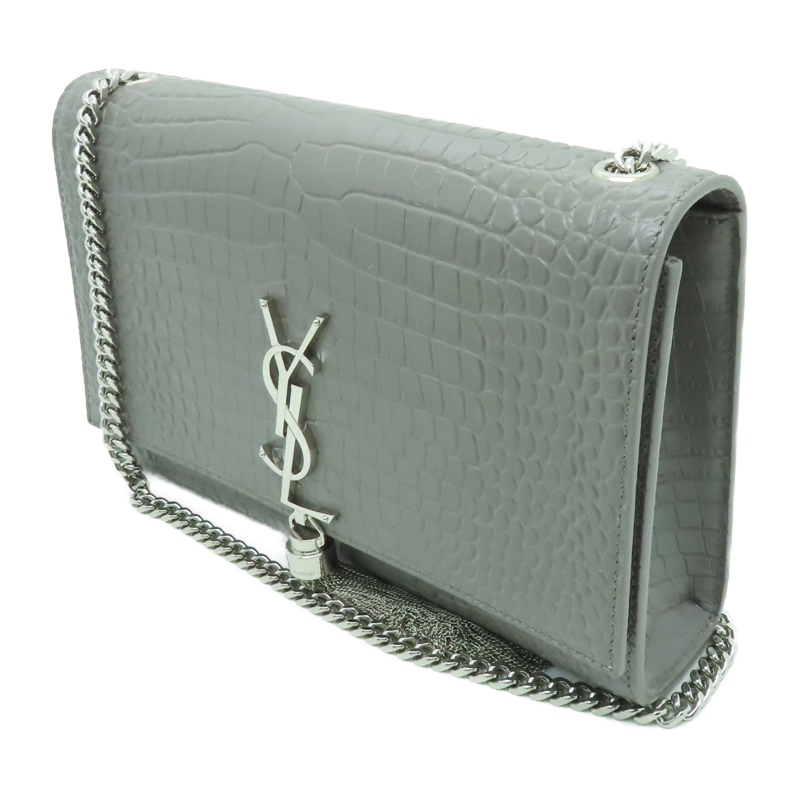 SAINT LAURENT 【激減優惠】牛皮皮革Medium Kate銀扣鏈帶肩背袋灰色