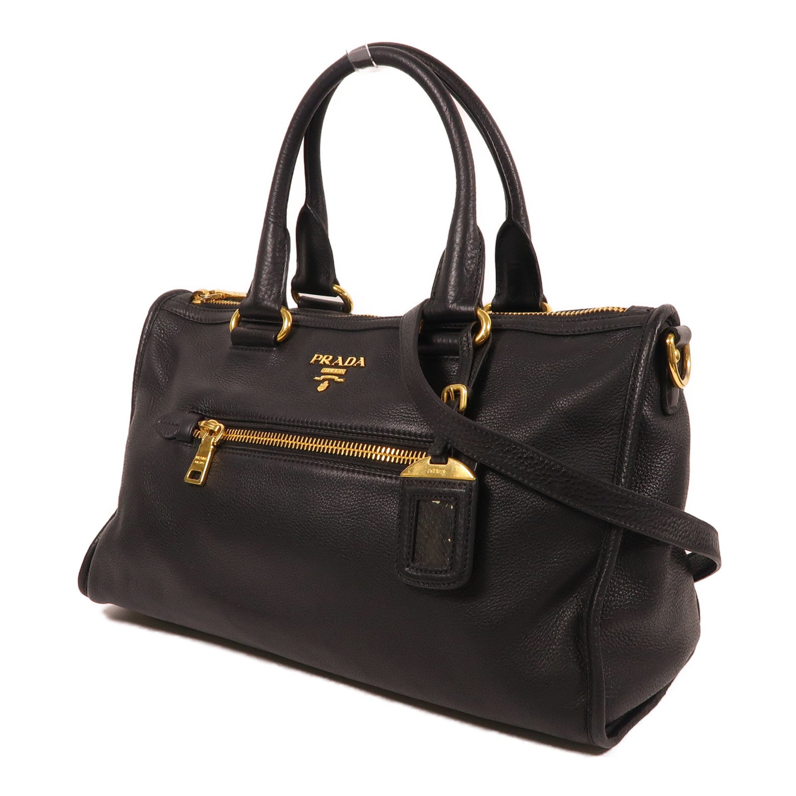 PRADA 牛皮皮革Shoulder Bag金扣手挽肩背兩用袋黑色