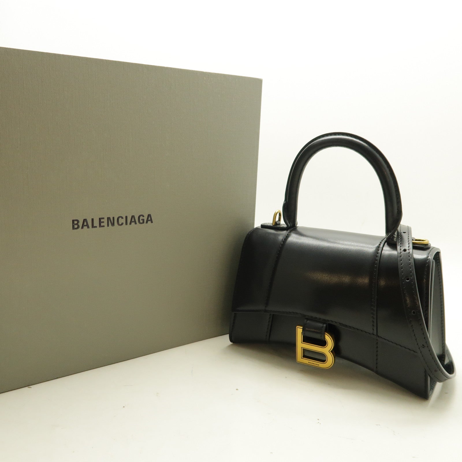 BALENCIAGA 牛皮皮革Hourglass XS金扣手挽肩背兩用袋黑色