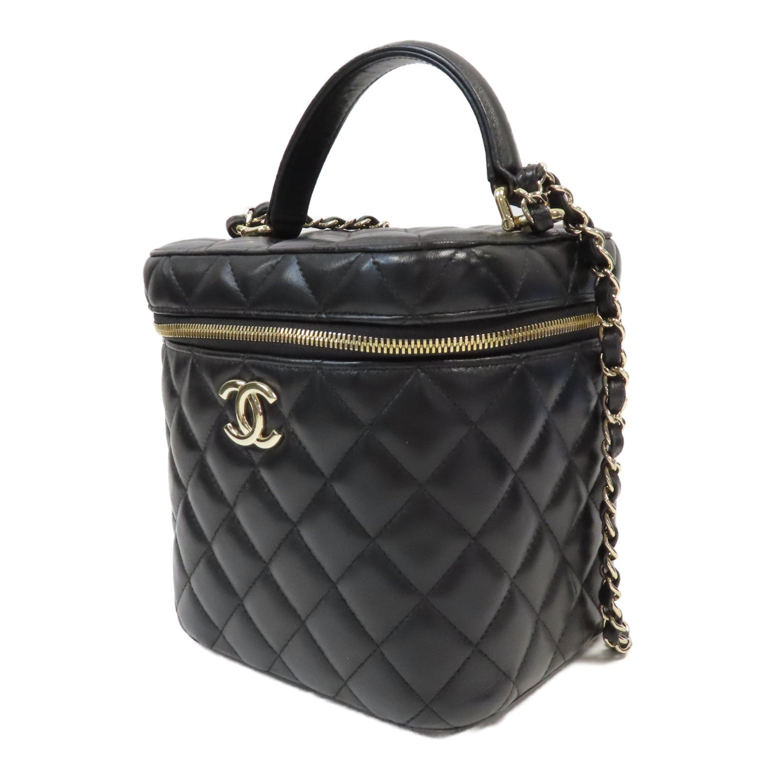 CHANEL 【激減優惠】菱格羊皮皮革Vanity Case銀扣手挽肩背兩用袋黑色