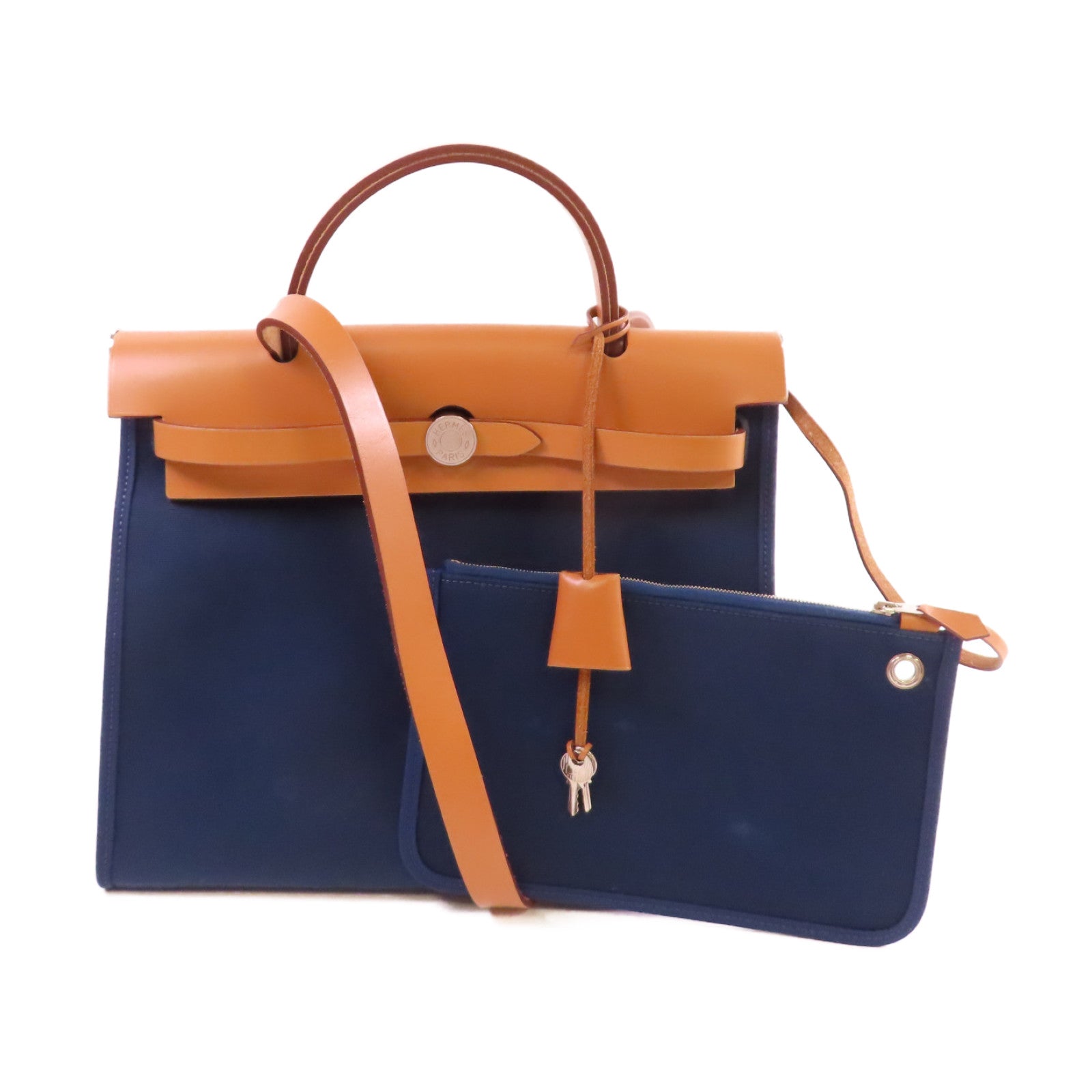HERMES 帆布Herbag PM 2Way Shoulder Bag銀扣手挽肩背兩用袋馬爾他藍色/啡色