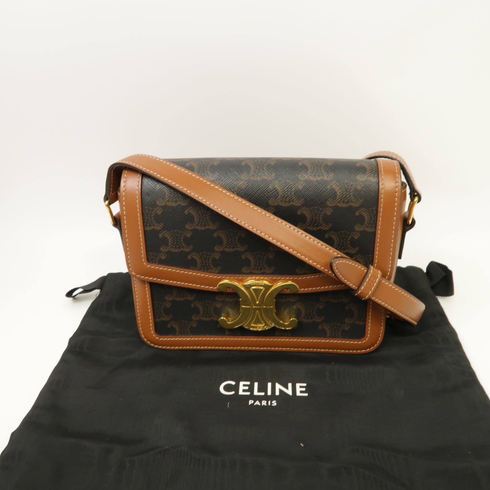 CELINE 塗層帆布/牛皮皮革Teen Triomphe金扣肩背袋黑色/啡色