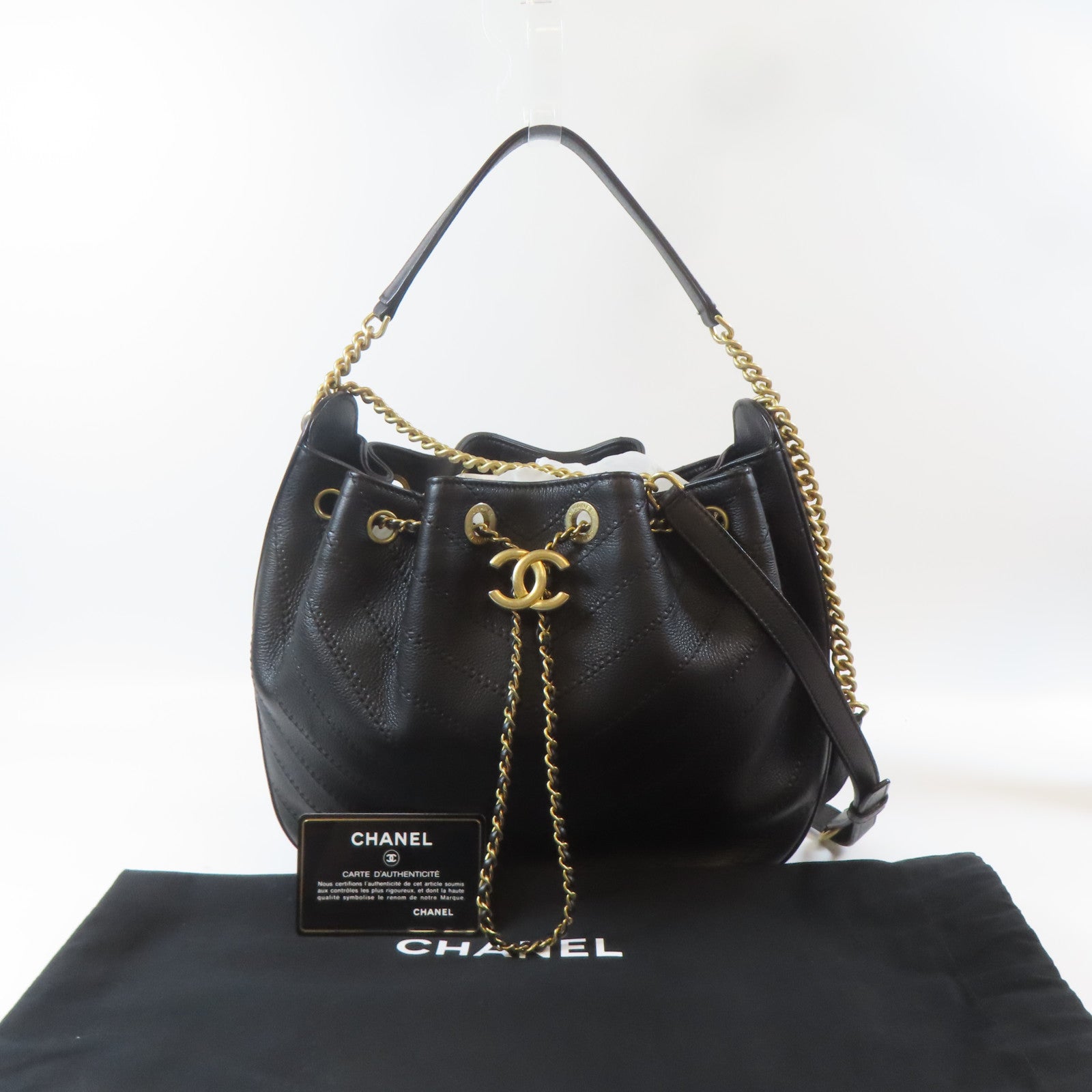 CHANEL 【激減優惠】菱格牛皮皮革2way Shoulder Bag金扣鏈帶手挽肩背兩用袋黑色