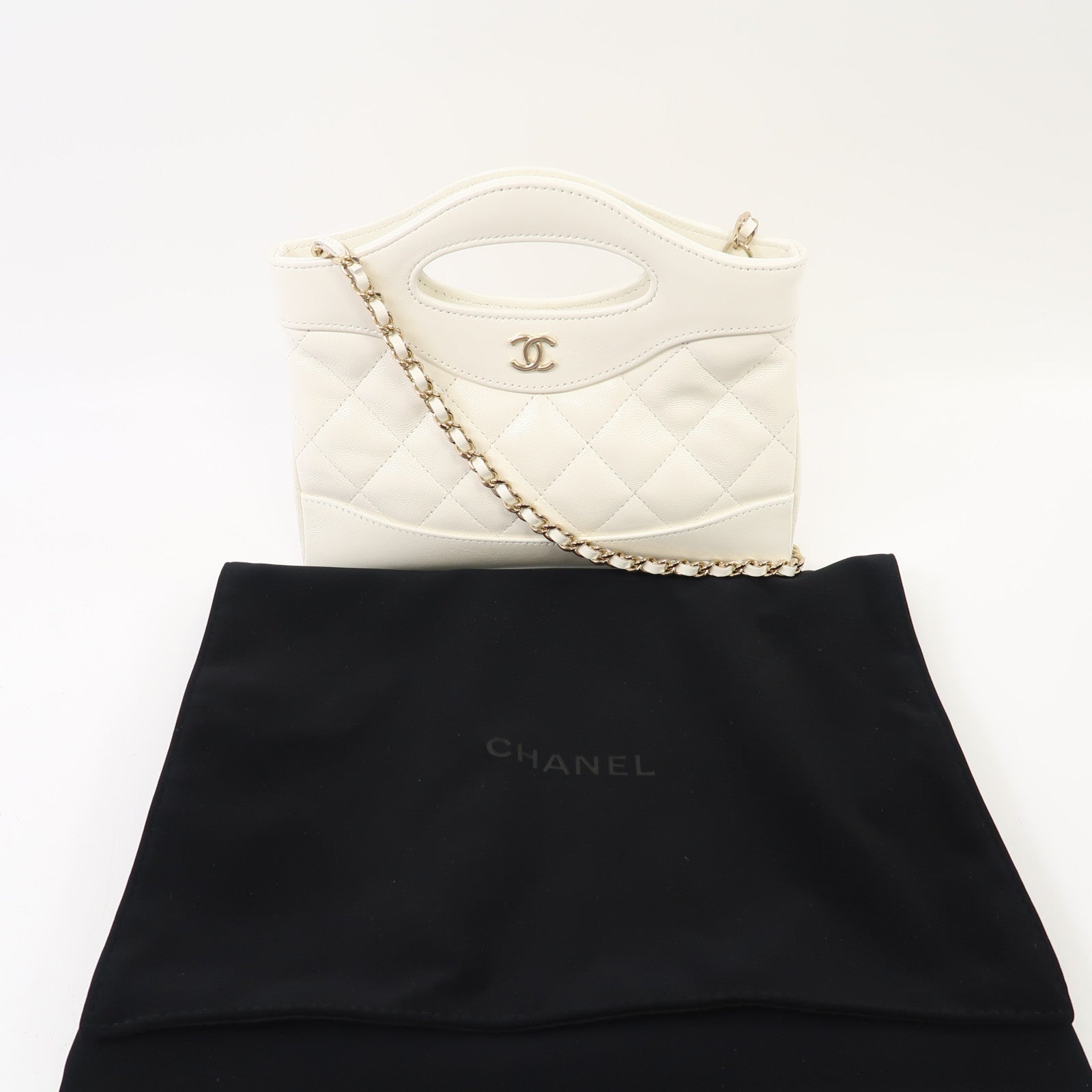 CHANEL 菱格牛皮皮革Shoulder Bag金扣鏈帶肩背袋白色