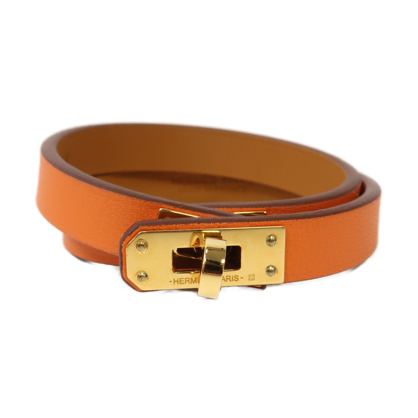 HERMES Swift皮革Mini Kelly Double Tour Bracelet金扣手鏈橙色