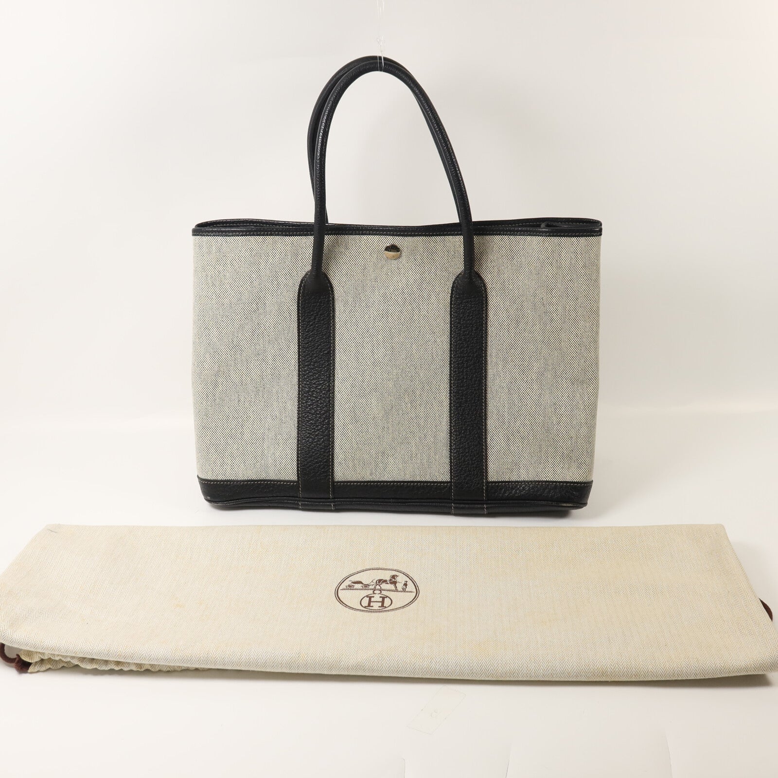 HERMES 帆布Garden Party PM手挽袋Noir/White