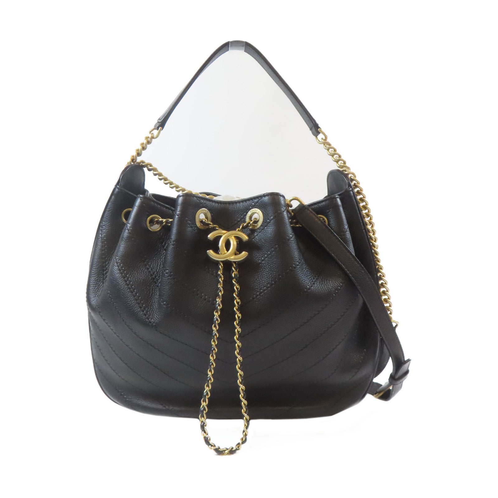 CHANEL 【激減優惠】菱格牛皮皮革2way Shoulder Bag金扣鏈帶手挽肩背兩用袋黑色