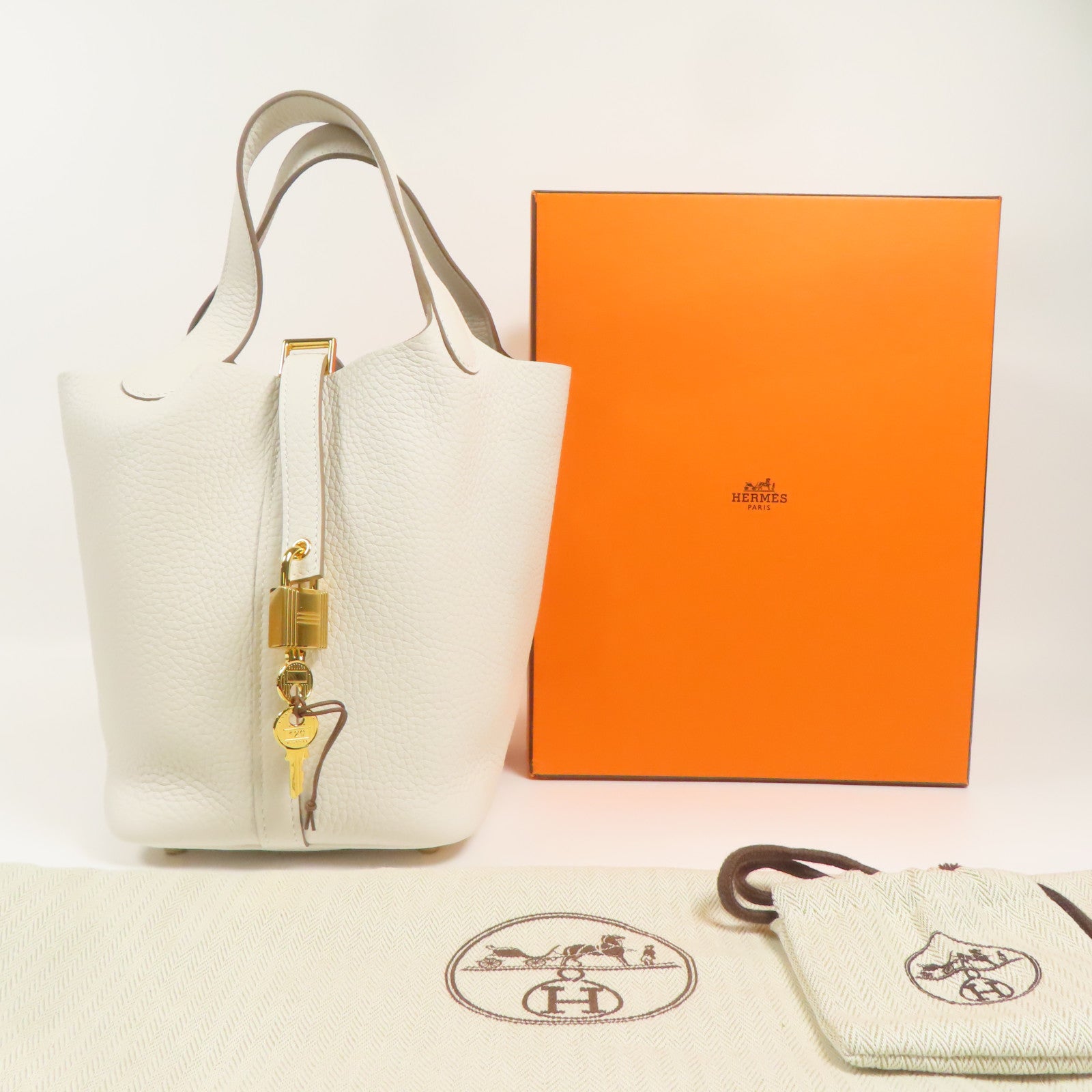 HERMES Clemence皮革Picotin PM金扣手挽袋Gris Pale