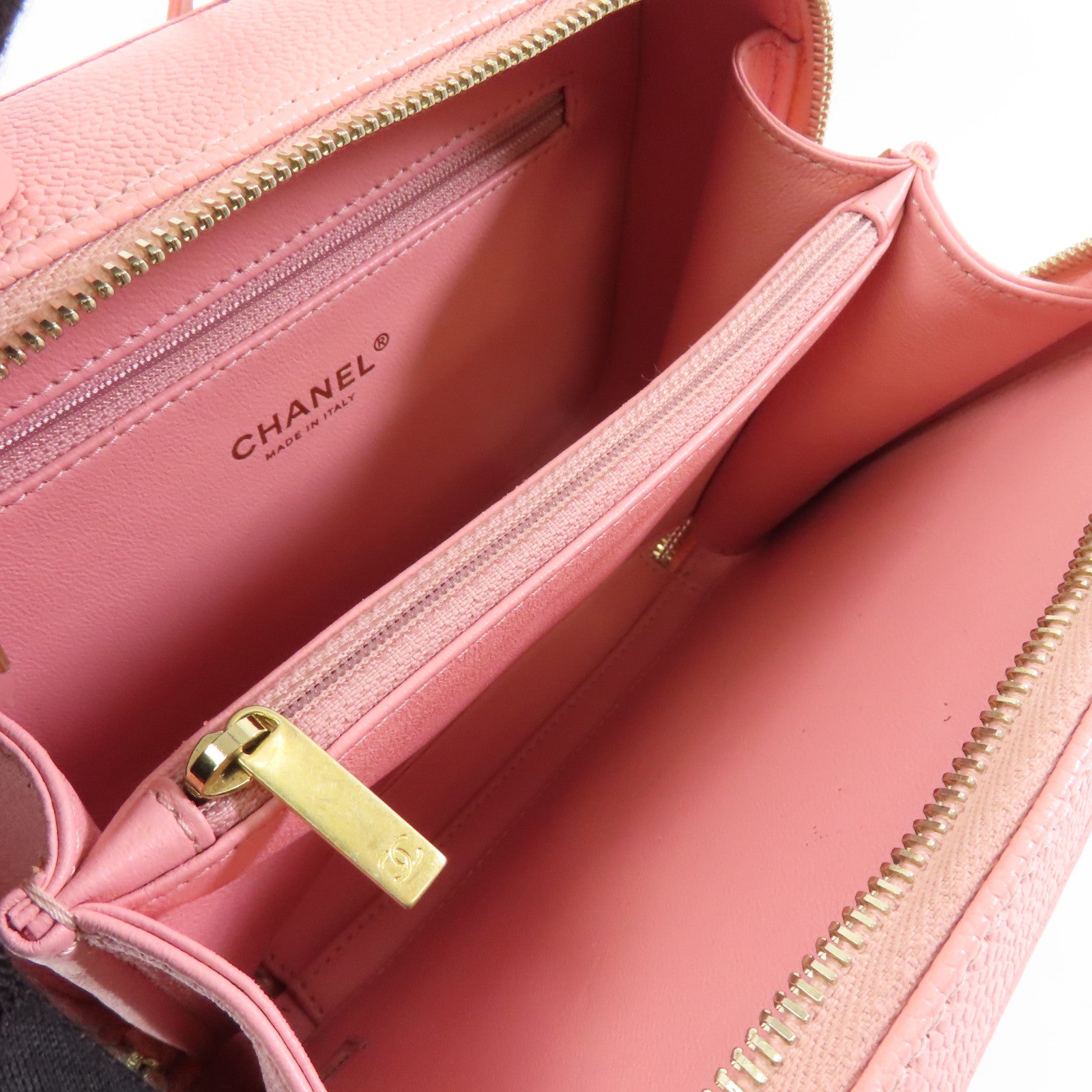 CHANEL 菱格Caviar皮革Vanity Case金扣手挽肩背兩用袋粉紅色