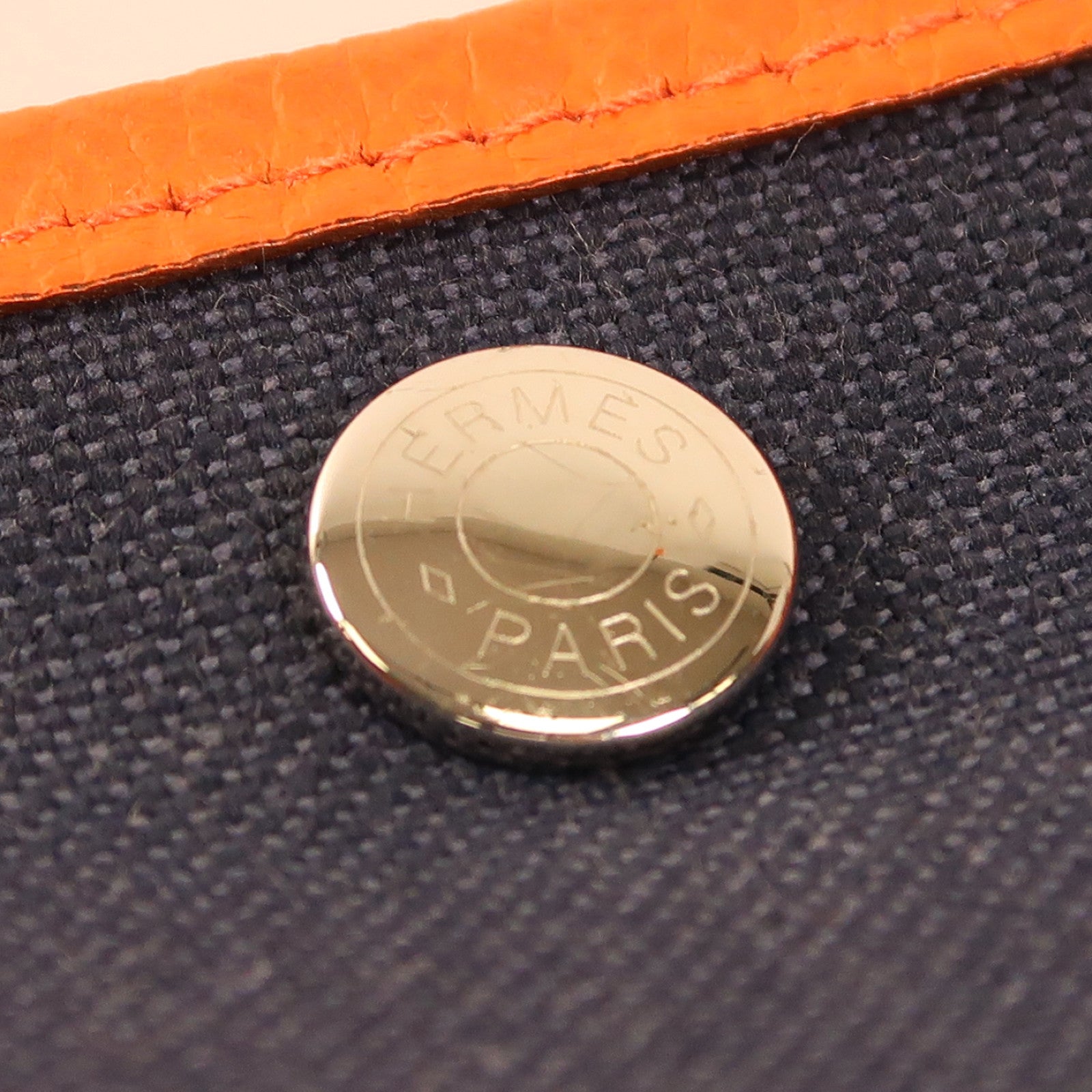 HERMES 帆布Garden Party PM銀扣手挽袋Bleu Marine/Orange Poppy深藍色/橙色
