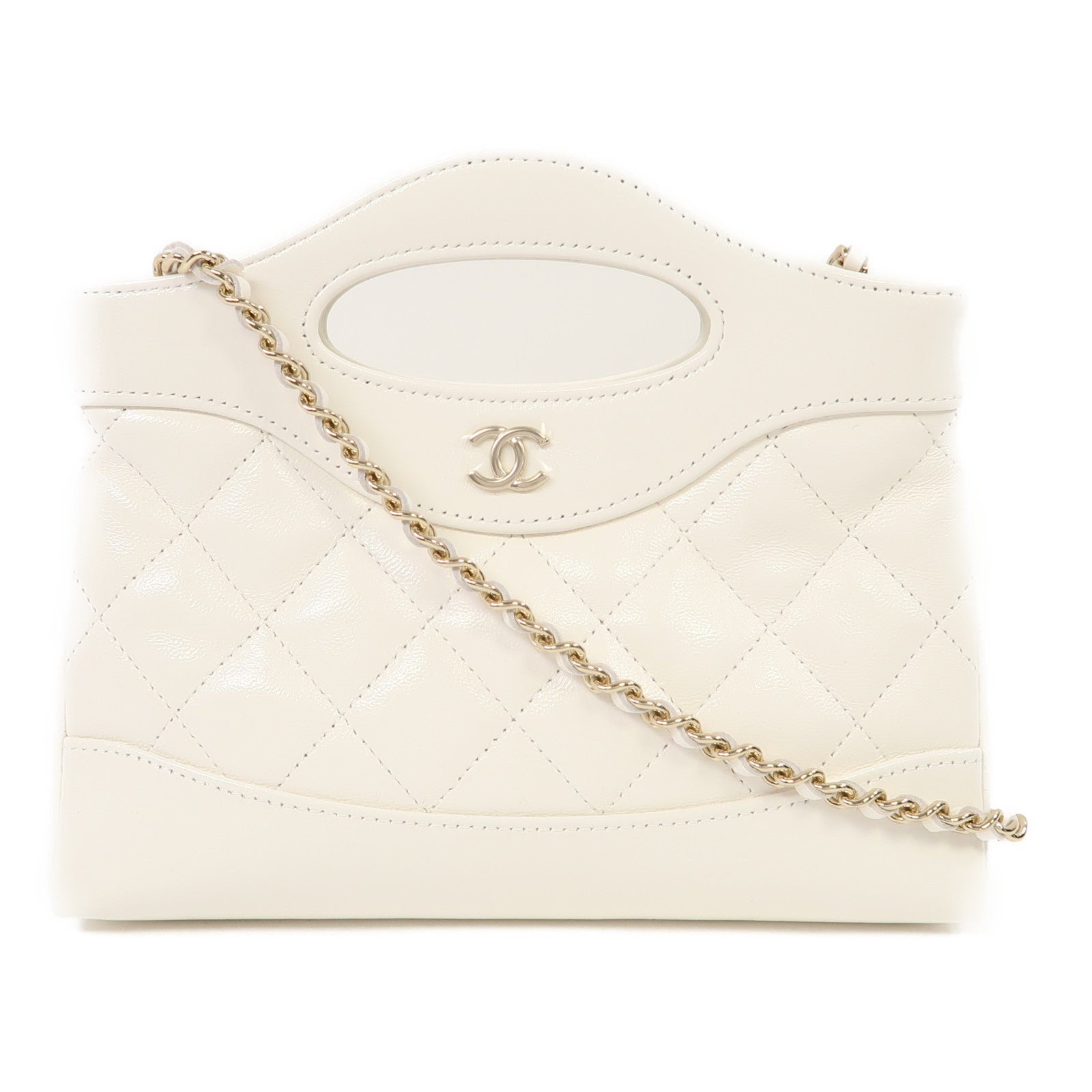 CHANEL 菱格牛皮皮革Shoulder Bag金扣鏈帶肩背袋白色