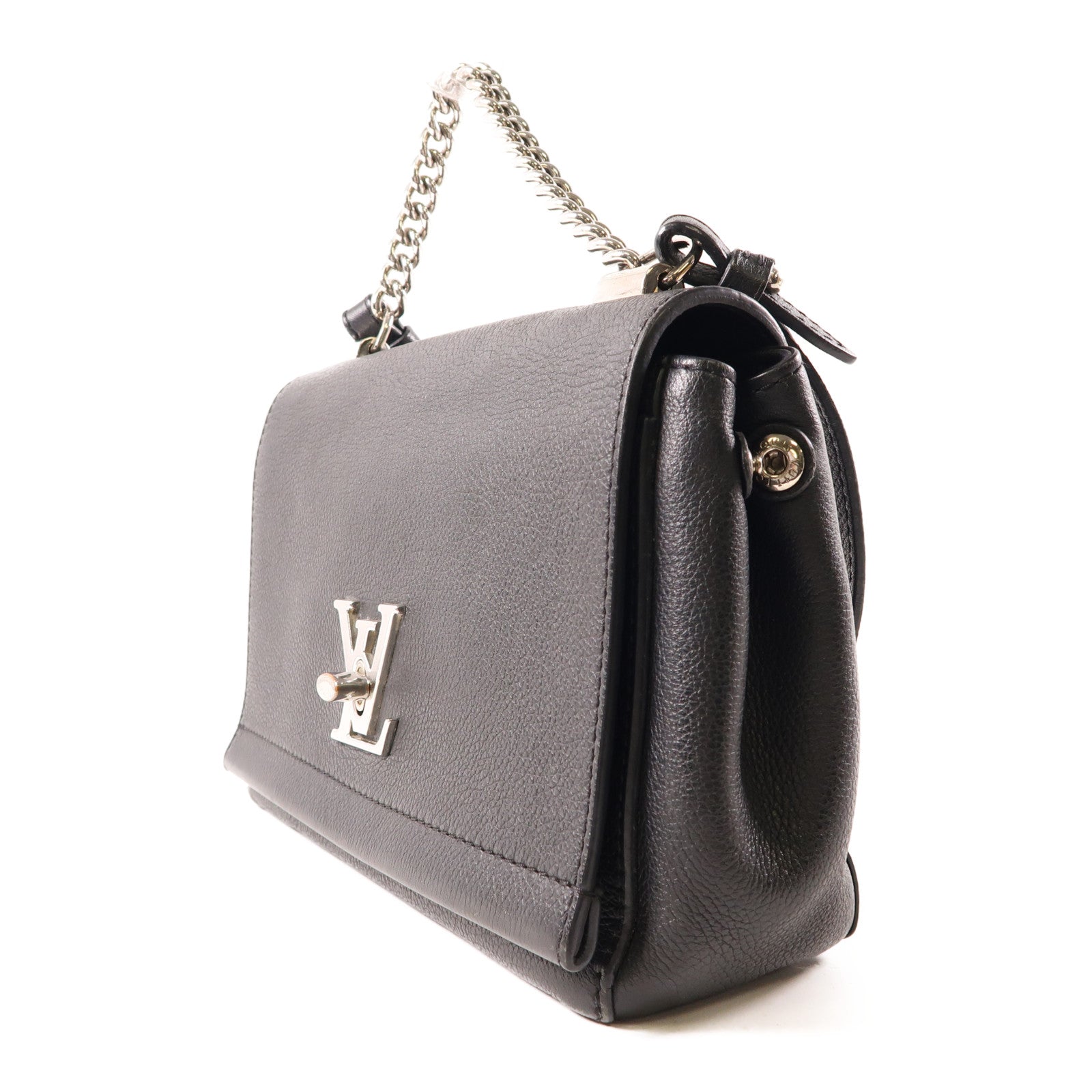 LOUIS VUITTON 牛皮皮革Lockme II BB銀扣鏈帶手挽肩背兩用袋黑色