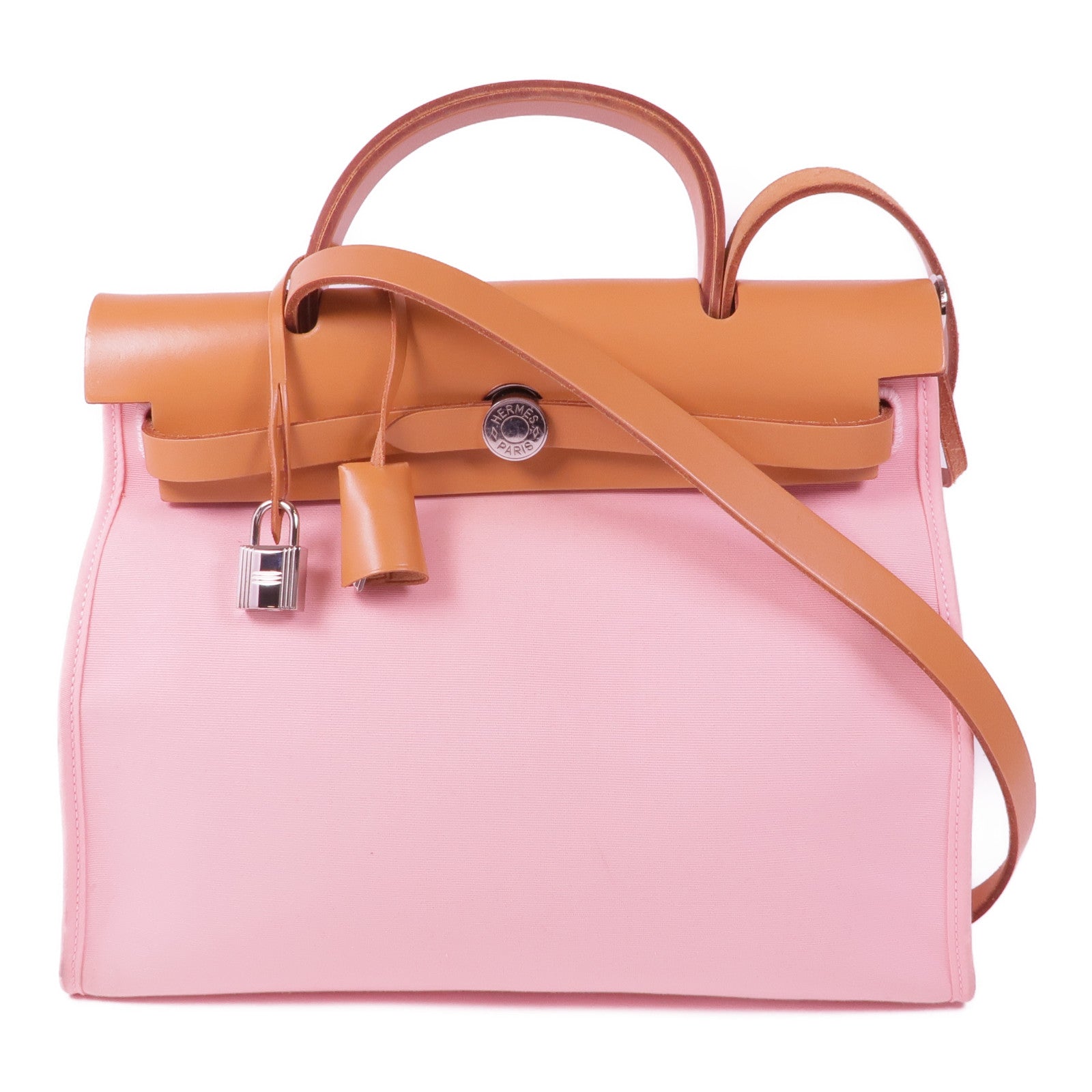 HERMES 帆布Herbag PM銀扣手挽肩背兩用袋Rose Sakura