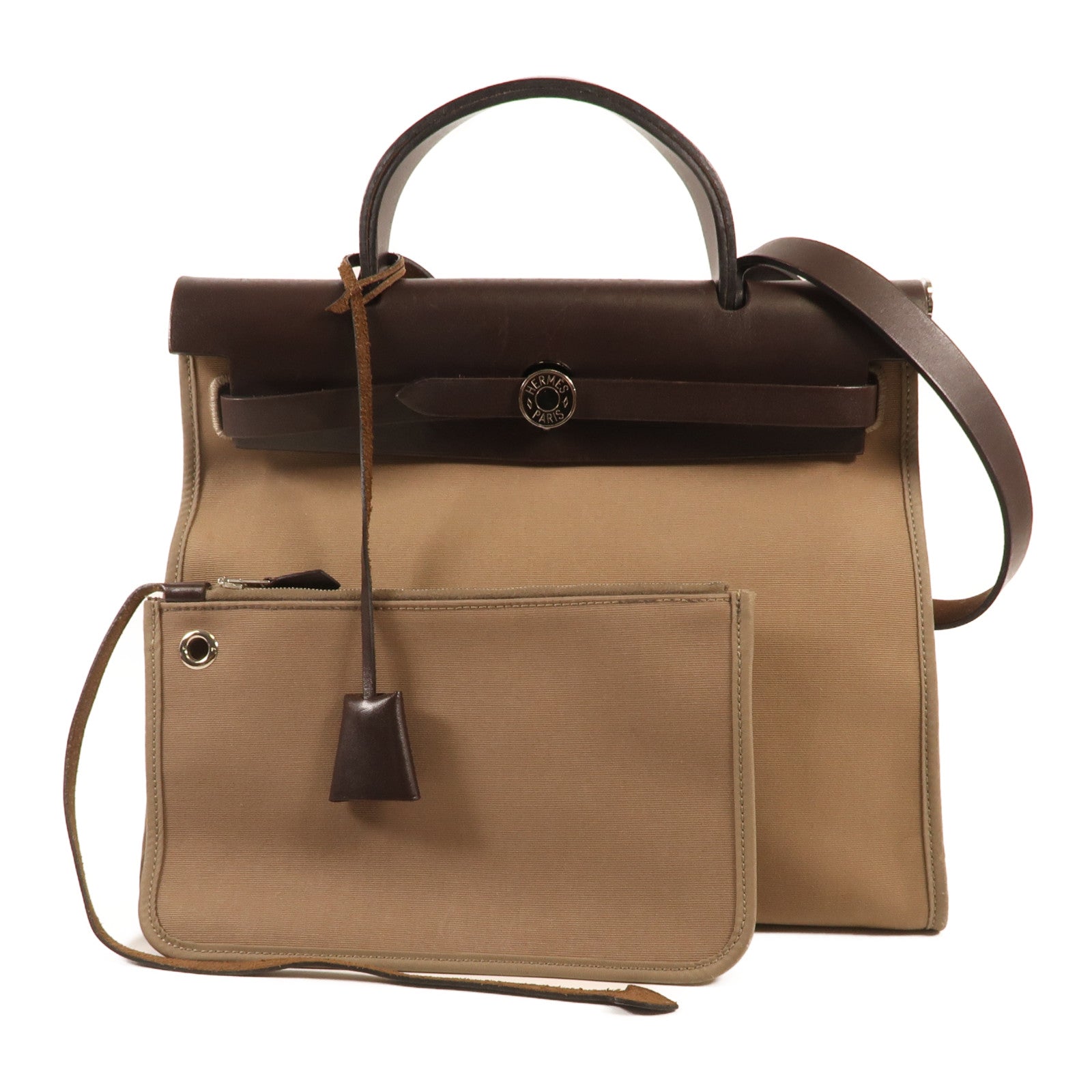 HERMES 帆布Herbag PM銀扣手挽肩背兩用袋Etoupe