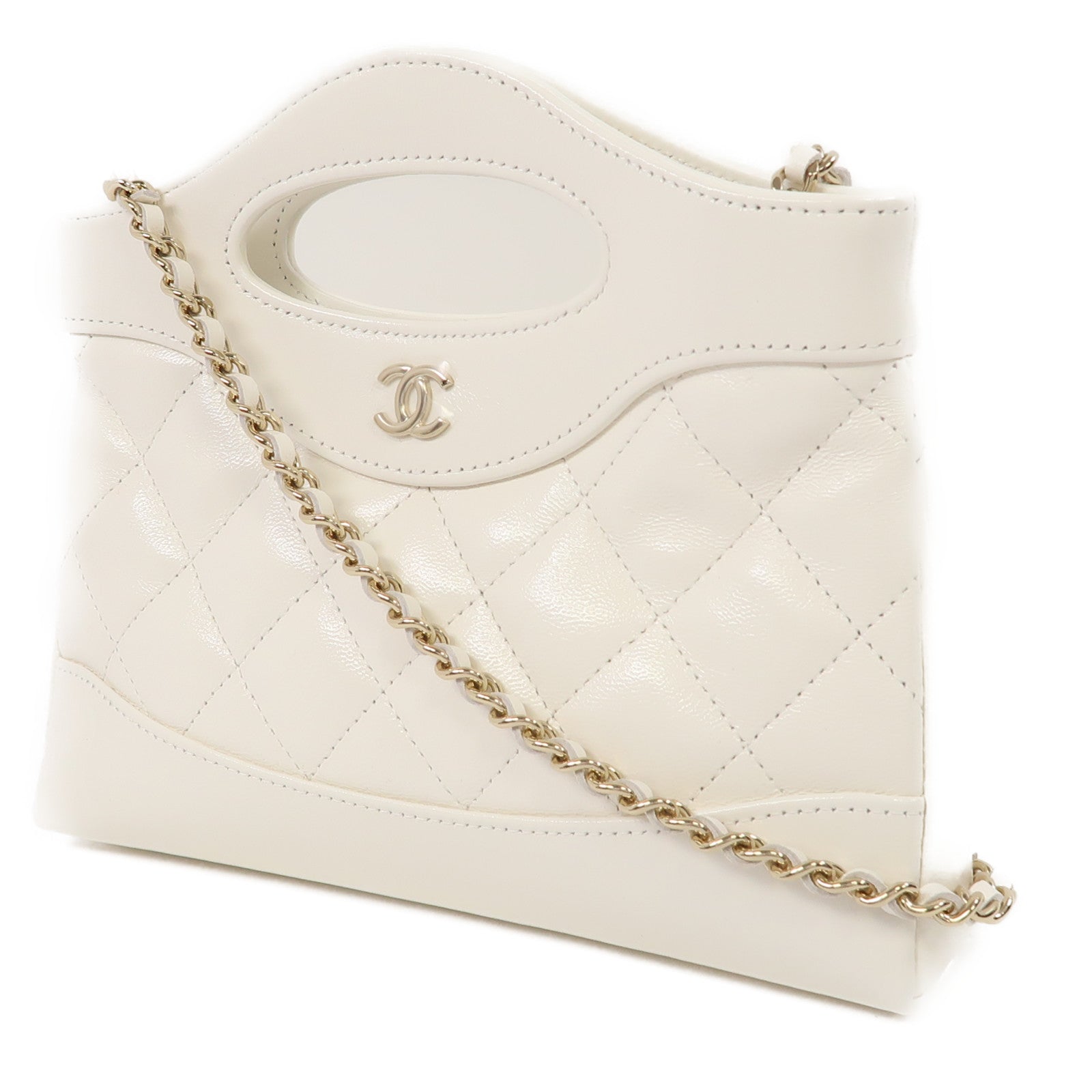 CHANEL 菱格牛皮皮革Shoulder Bag金扣鏈帶肩背袋白色
