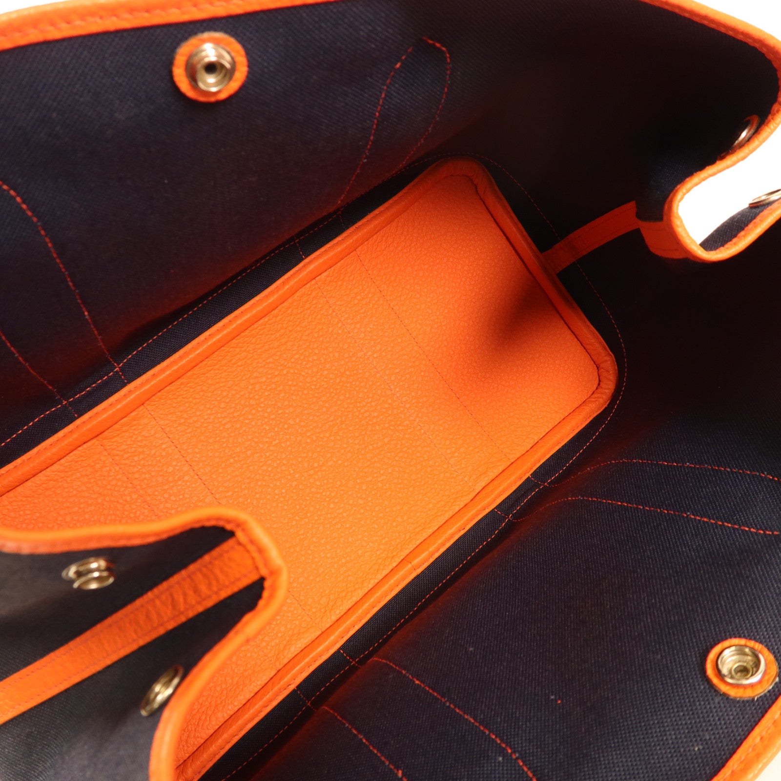 HERMES 帆布Garden Party PM銀扣手挽袋Bleu Marine/Orange Poppy深藍色/橙色