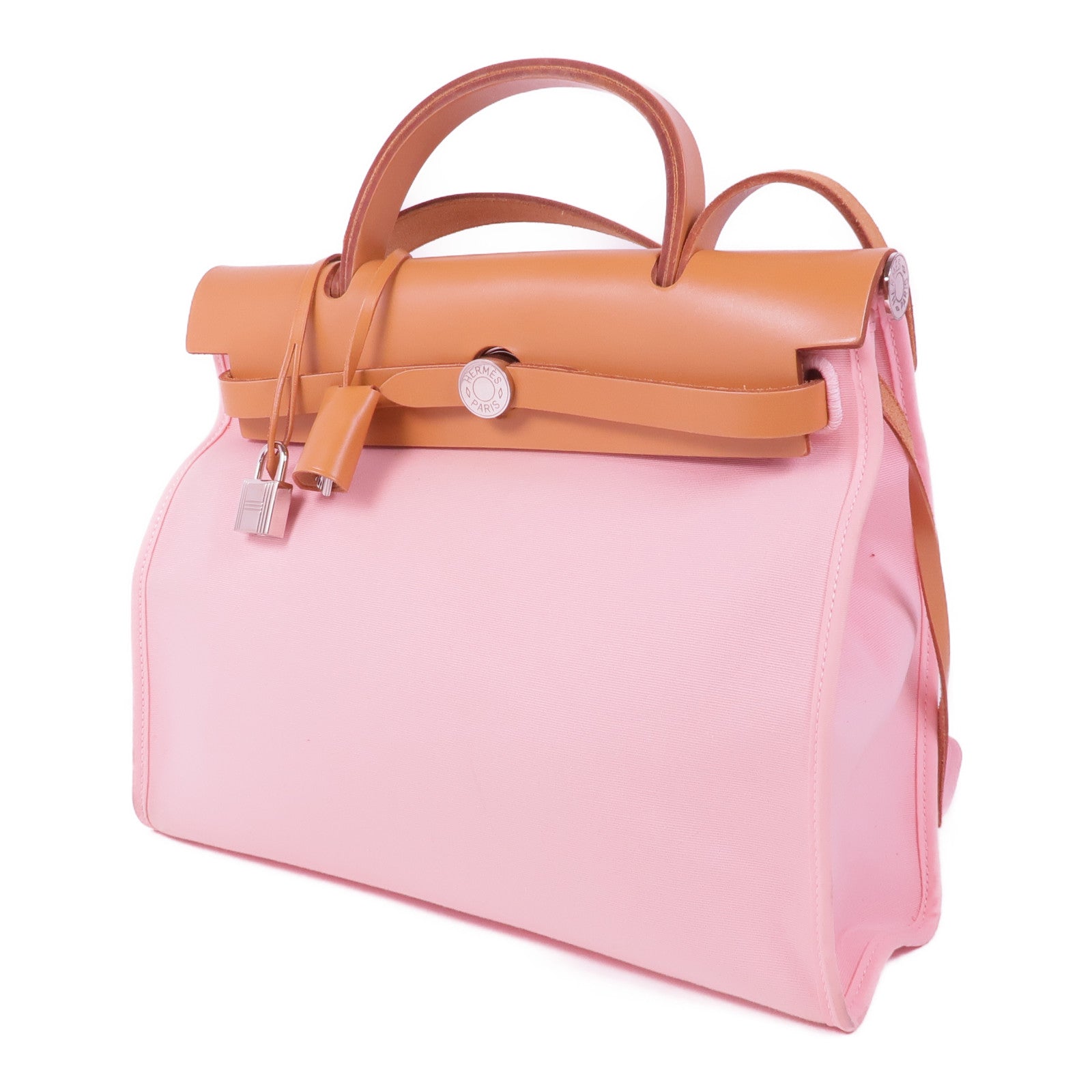 HERMES 帆布Herbag PM銀扣手挽肩背兩用袋Rose Sakura